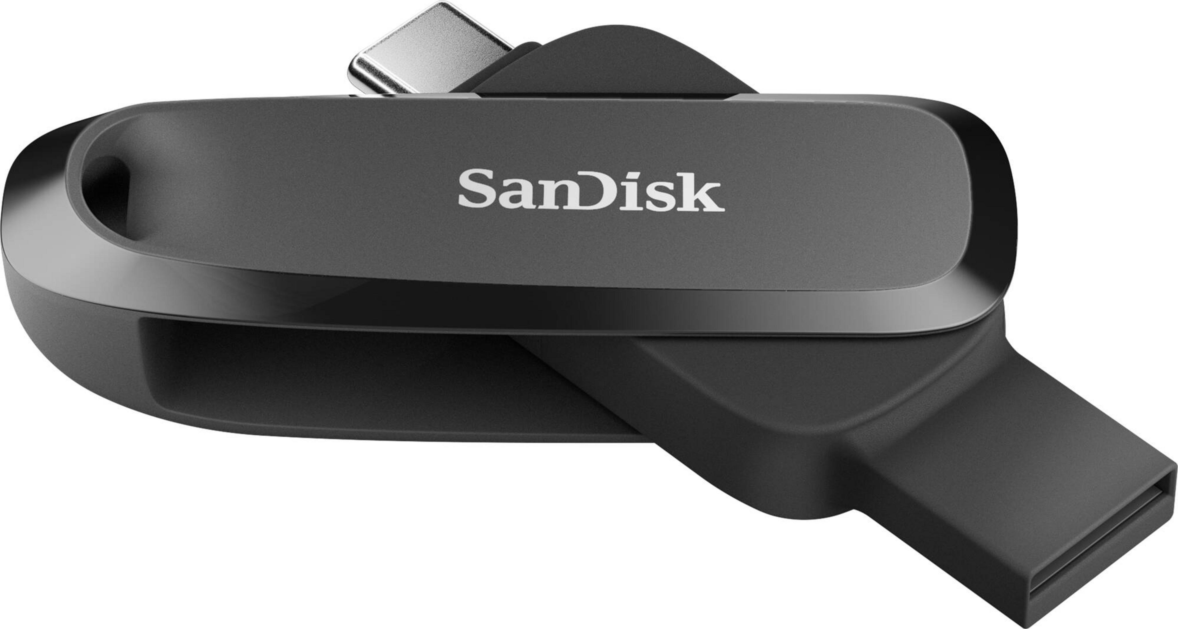 Une clé USB SanDisk noire avec connecteurs USB-C et USB-A.
