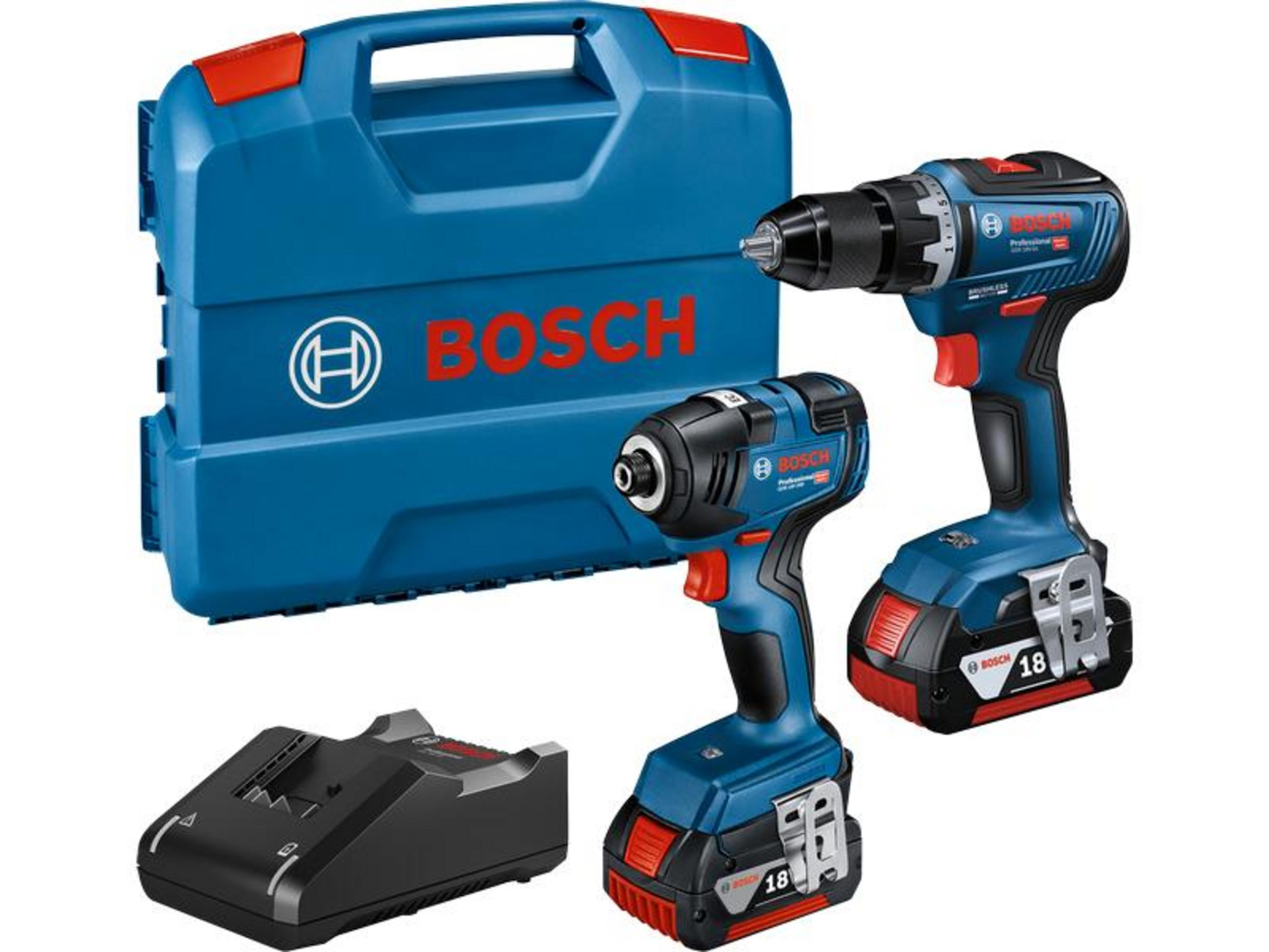 Ein blauer Bosch-Koffer mit Werkzeugen: Bohrmaschine, Schlagschrauber und Ladegerät.