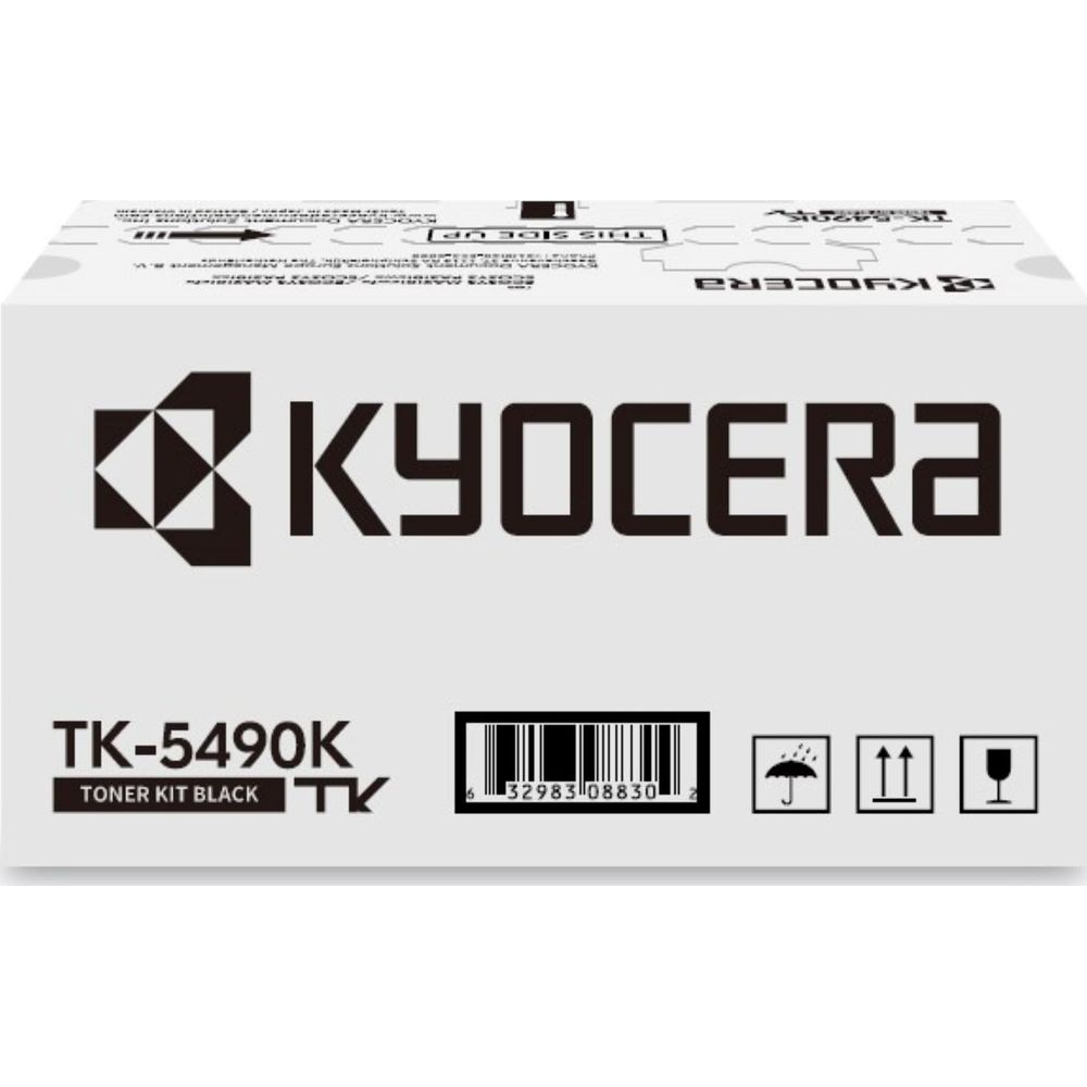 Scatola toner Kyocera TK-5490K Nera con codice a barre e simboli pioggia, verticale e fragilità.