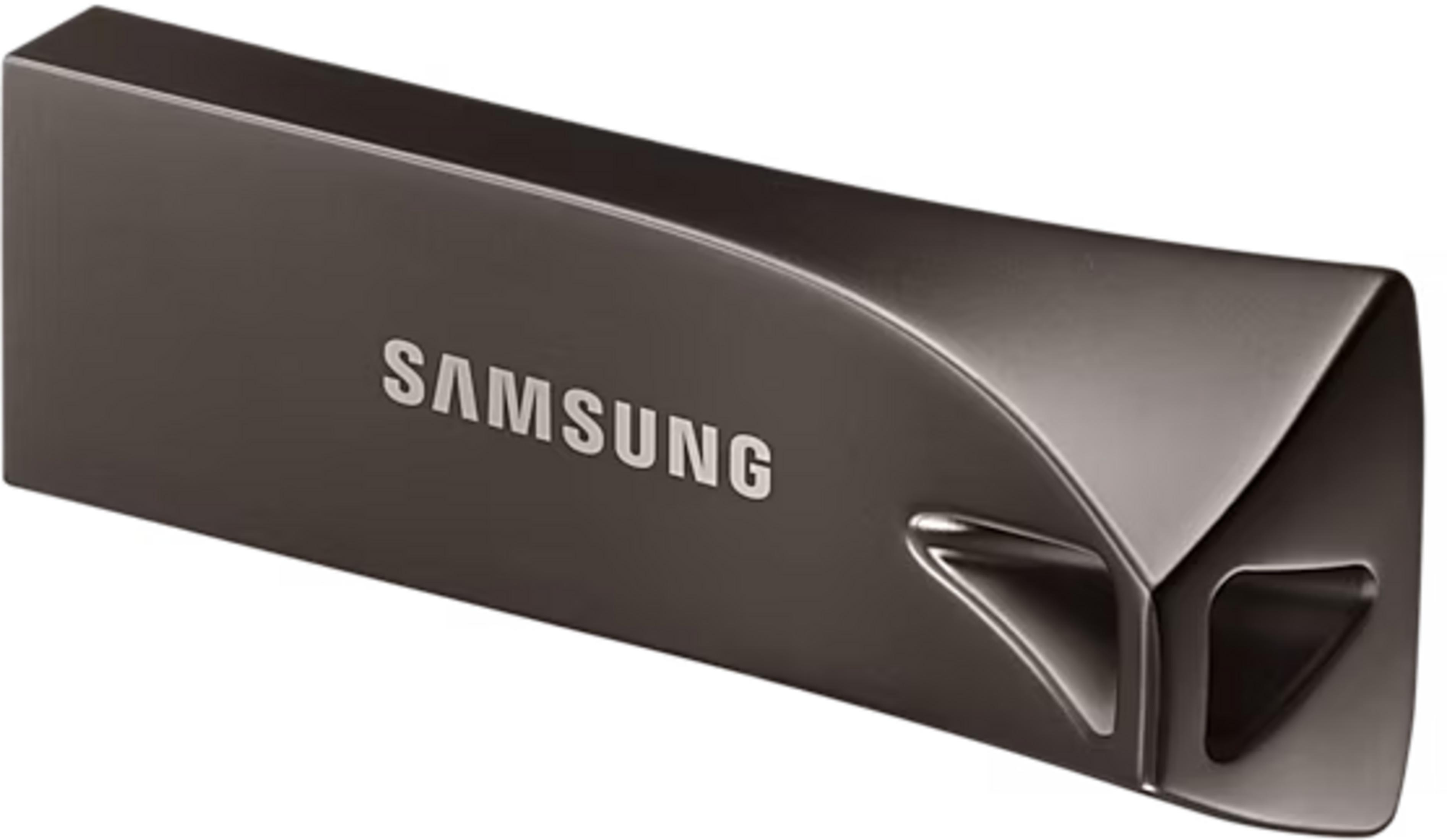 Ciemnoszary pendrive Samsung z błyszczącym logo.