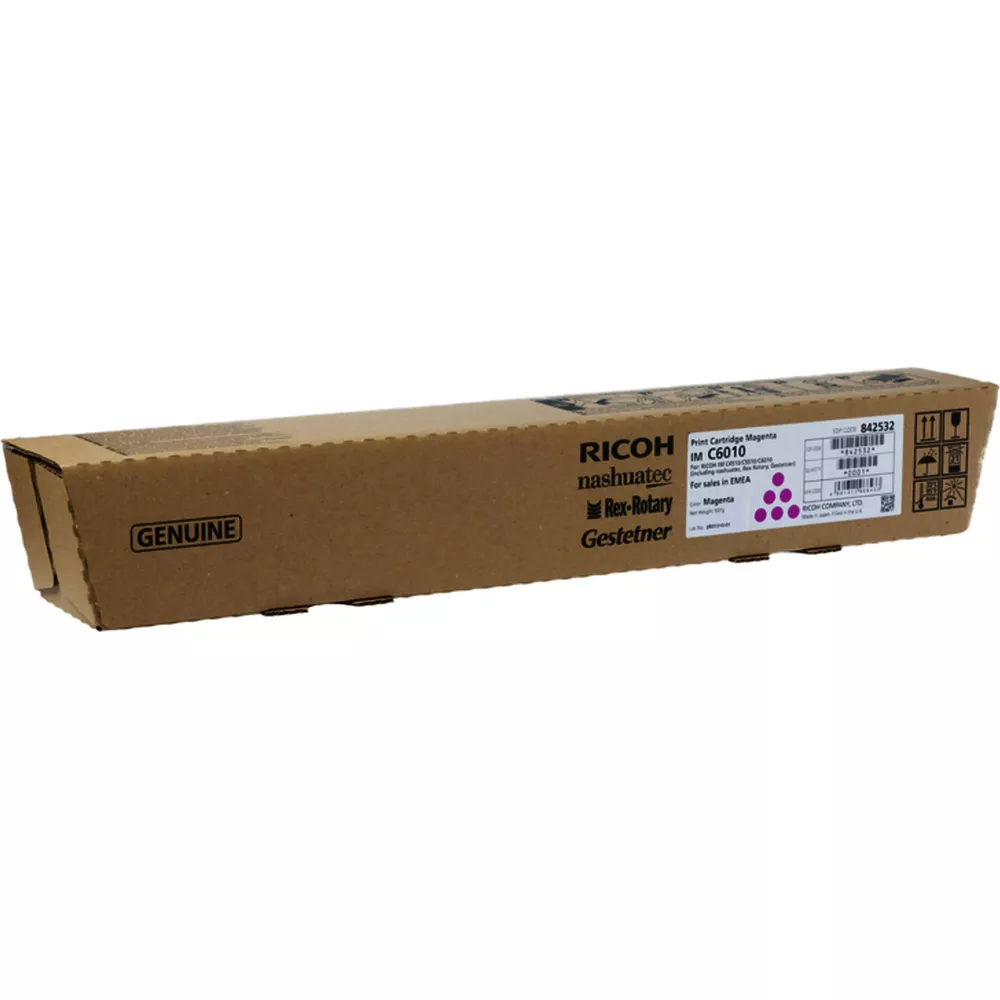 Brązowe pudełko Ricoh do magenta wkładu drukującego, model IM C6010.