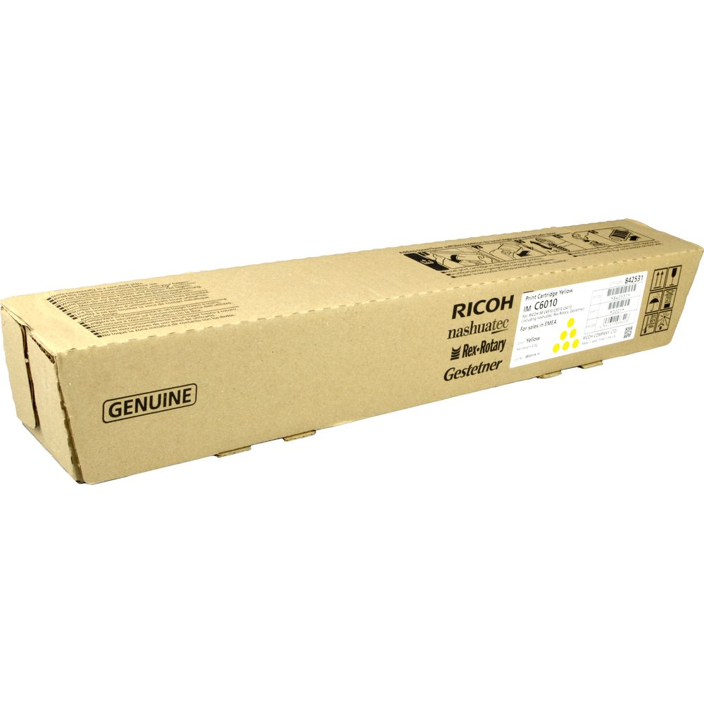 Żółty kartridż drukarki IM C6010 w oryginalnym opakowaniu.