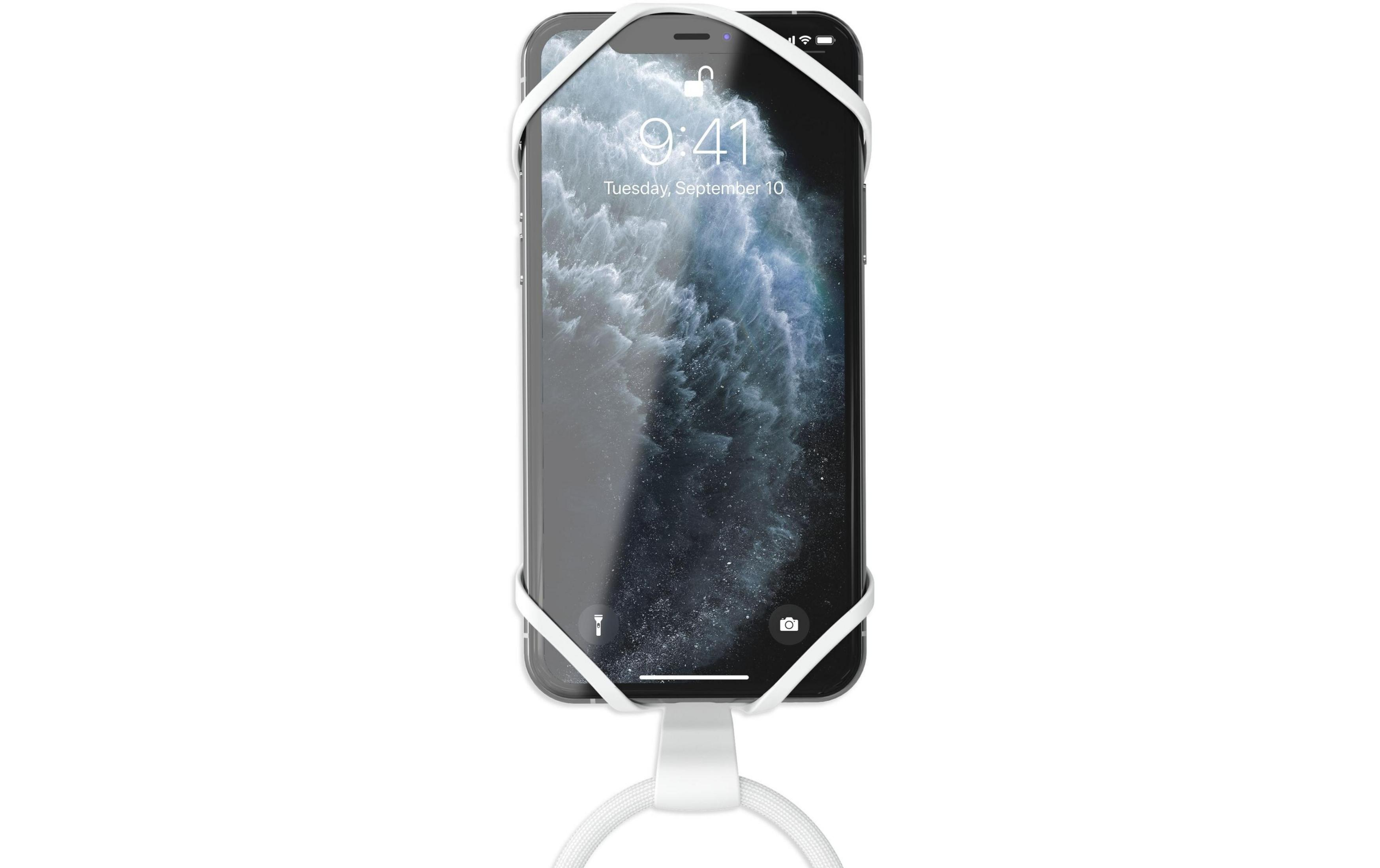 Una correa blanca asegura un smartphone con un fondo de pantalla oscuro.