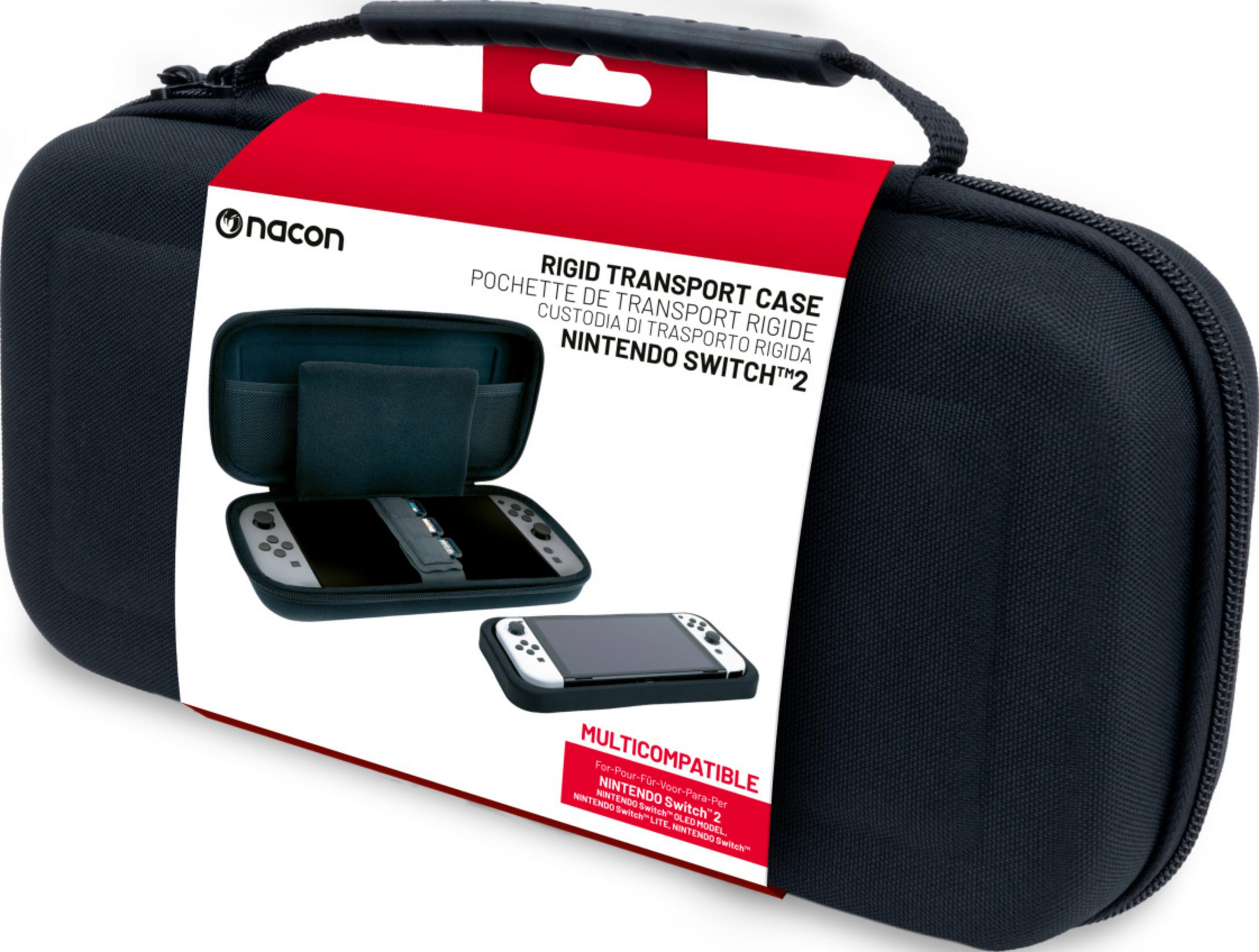 Czarna torba transportowa Nacon do Nintendo Switch z otwartą komorą i konsolą.