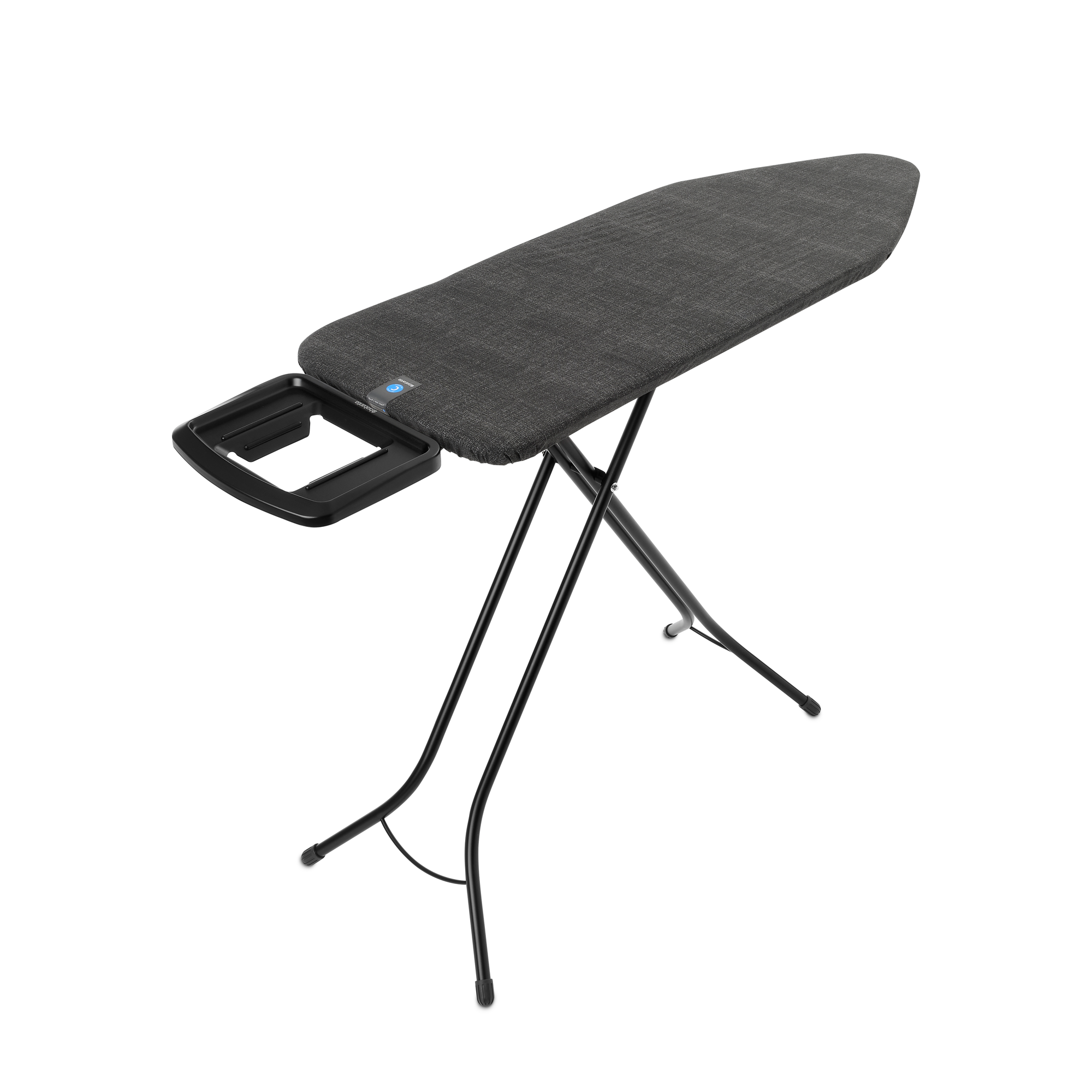 Une planche à repasser foncée avec pieds en métal noir et porte-accessoires.