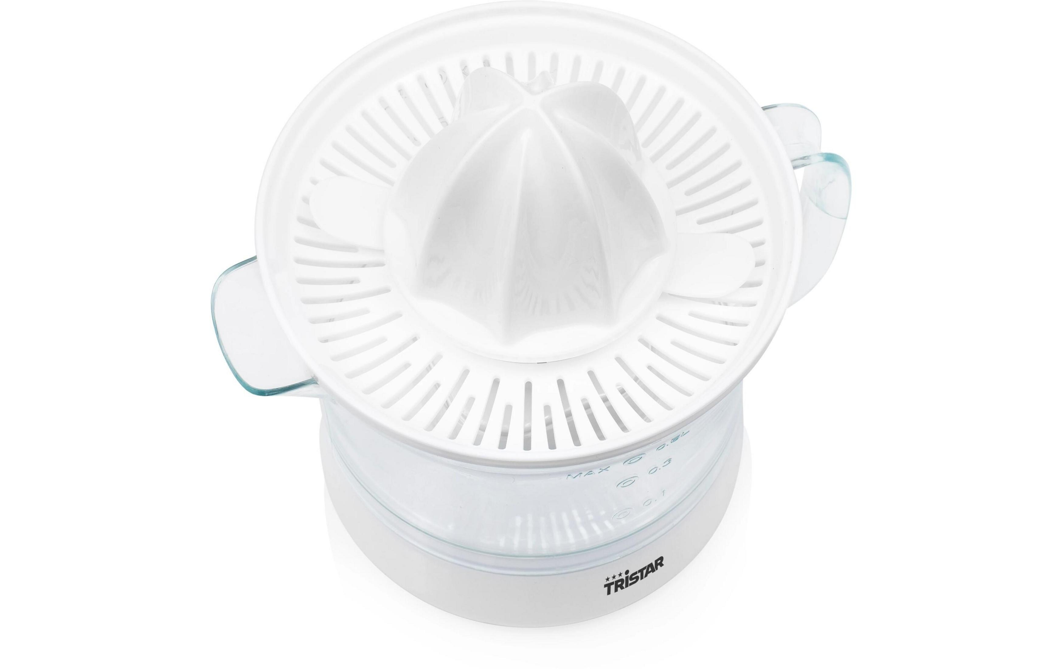 Biała elektryczna wyciskarka do cytrusów z przezroczystym dzbankiem i oznaczeniami miar.