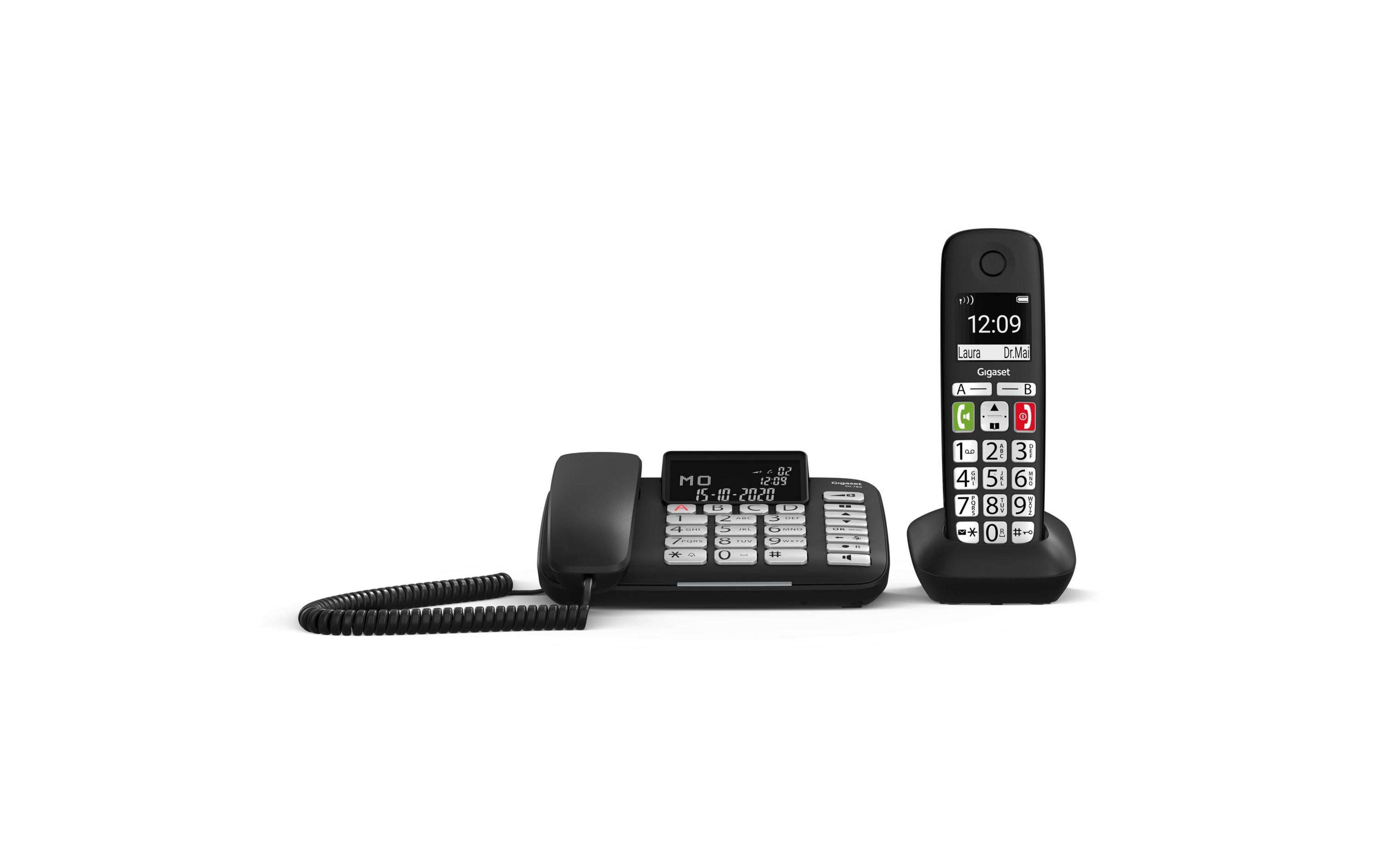 Czarny telefon bezprzewodowy z bazą i słuchawką na białym tle.