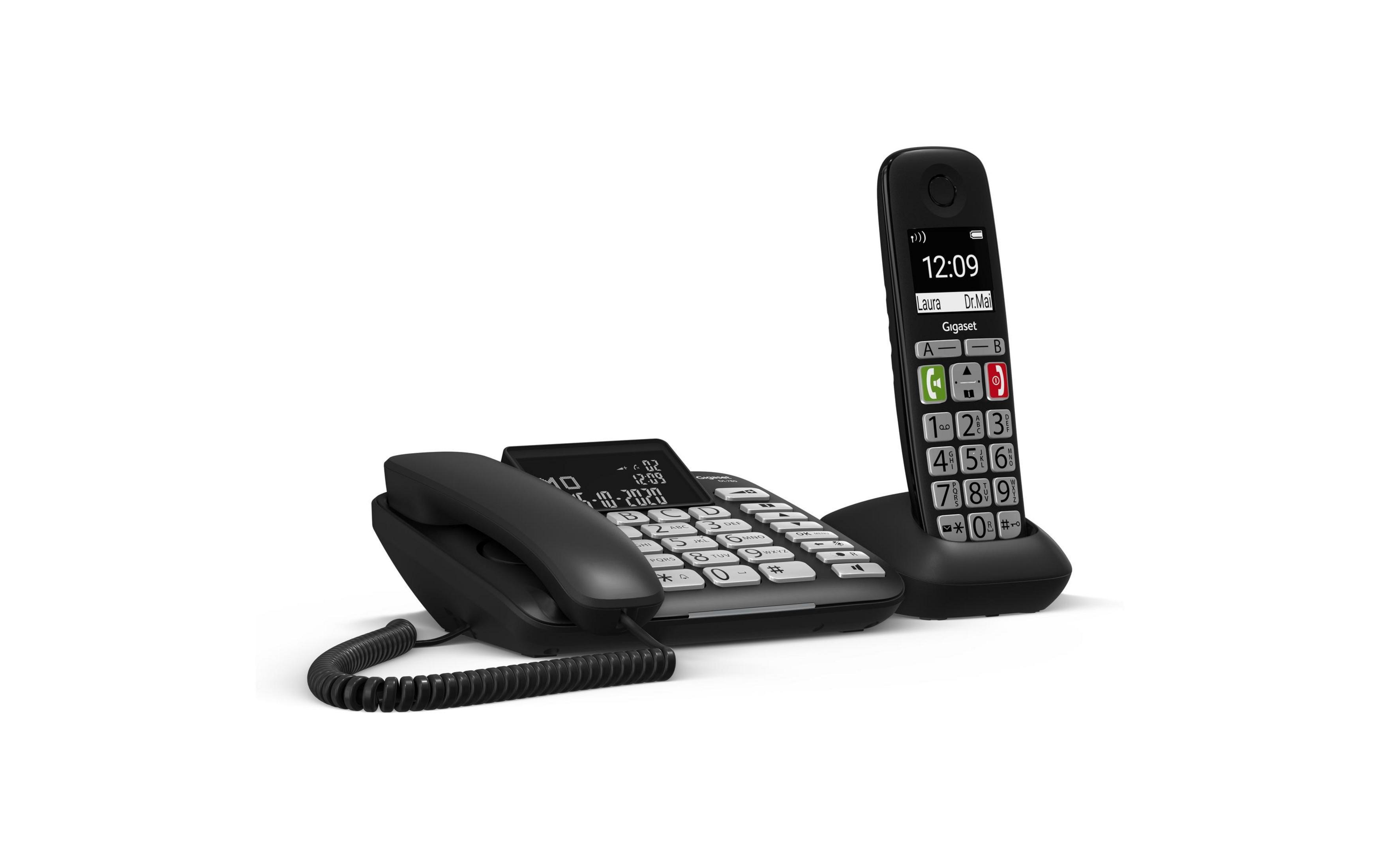 Dwa czarne telefony Gigaset, jeden na bazie, drugi obok.