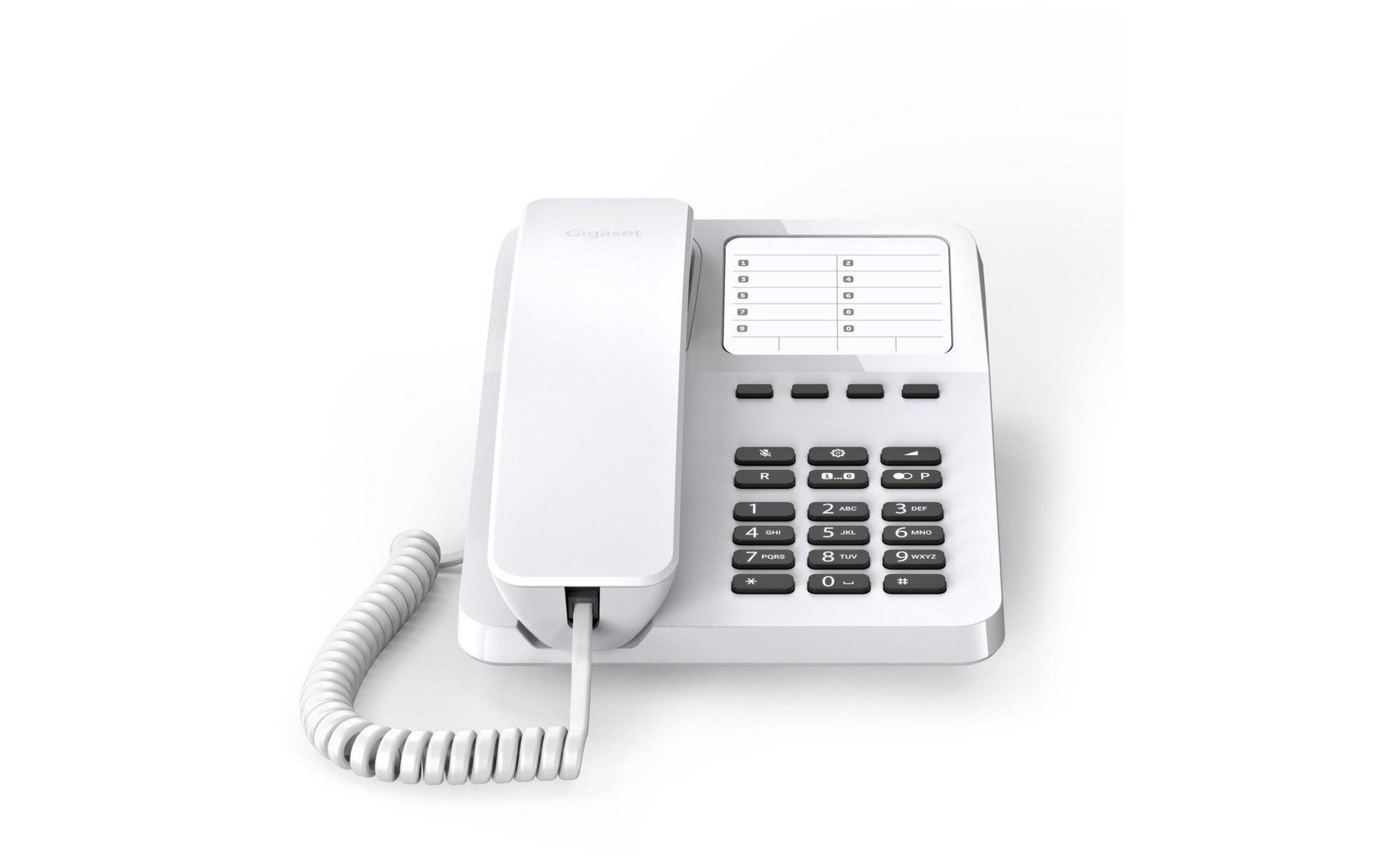 Un telefono Gigaset bianco con una cornetta collegata da un cavo a spirale.
