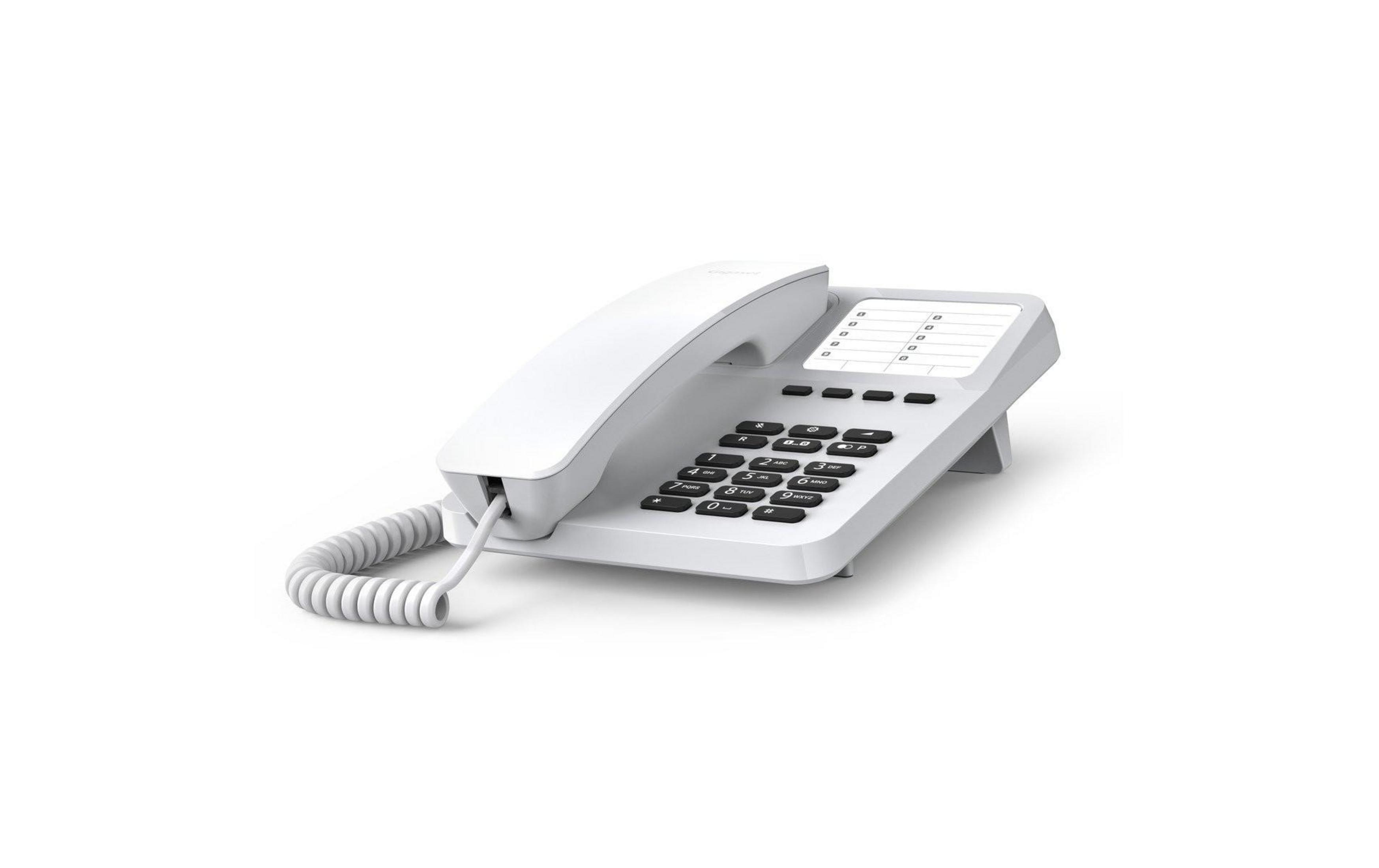 Un telefono da scrivania bianco con cornetta e tastiera.