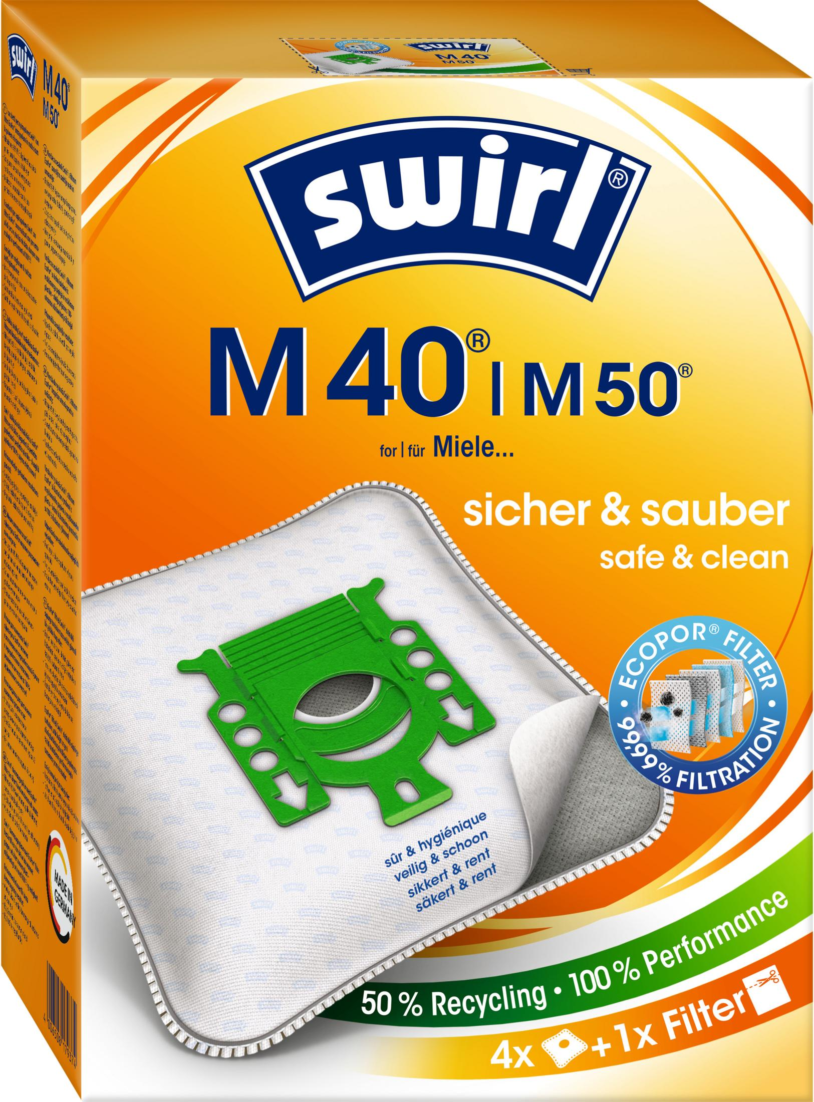 Swirl M40 M50 Staubsaugerbeutel für Miele, 4x Beutel + 1x Filter.
