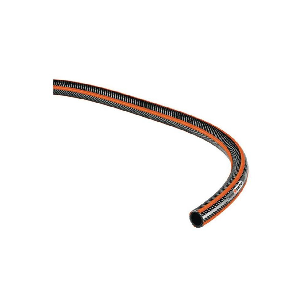 Czarny wąż ogrodowy z pomarańczowym paskiem i wzmocnieniem.