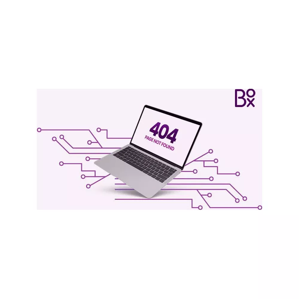 Un portátil muestra un mensaje de error 404, rodeado de patrones de circuito.