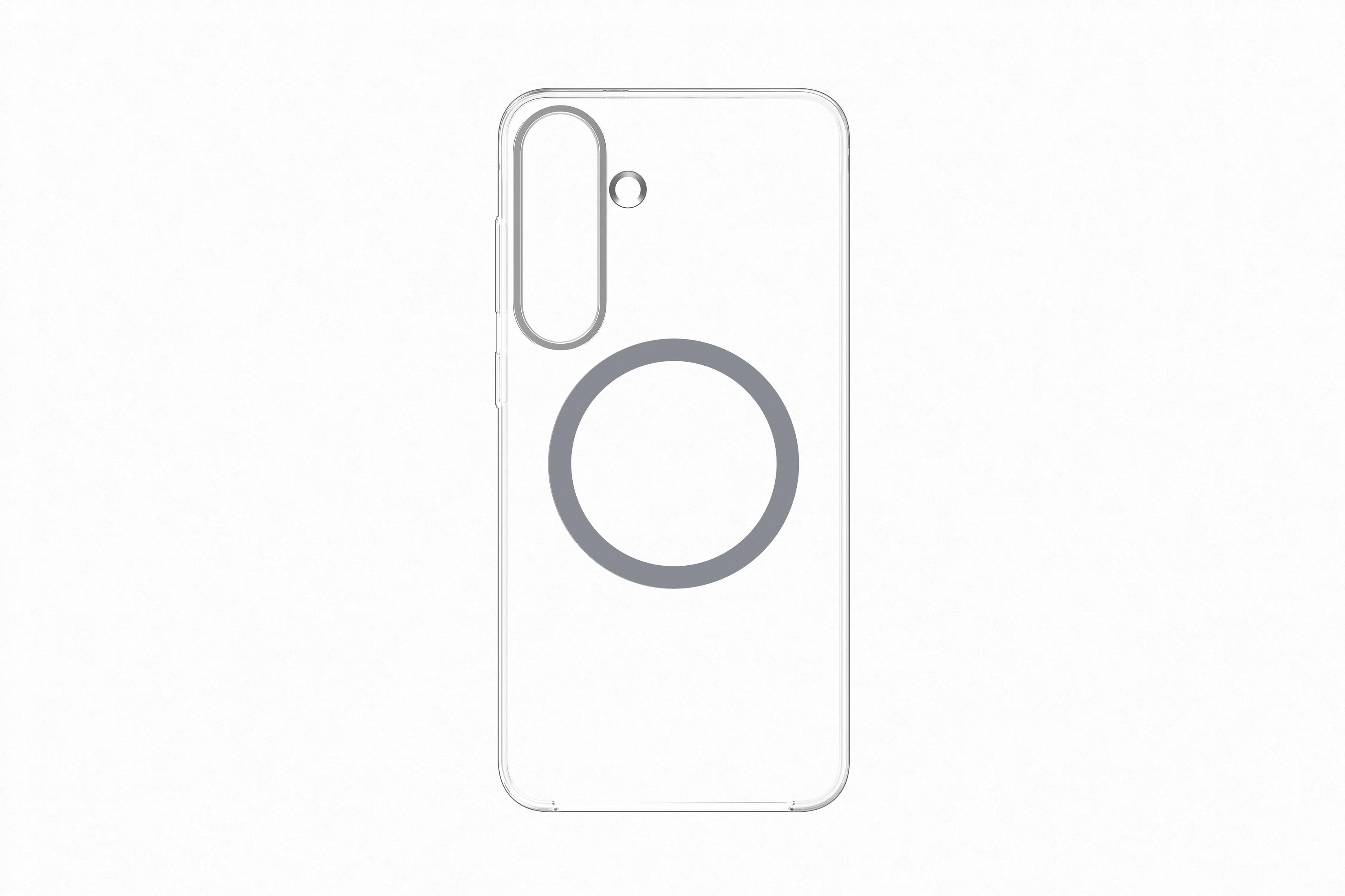 Transparente Handyhülle mit kreisförmigem MagSafe-Ring und Kameralinse.
