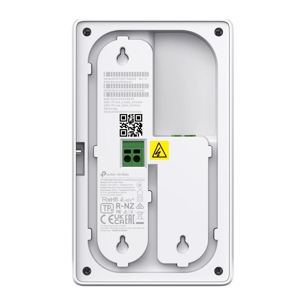 Tył białego punktu dostępowego Wi-Fi TP-Link Omada z danymi technicznymi i symbolami ostrzegawczymi.