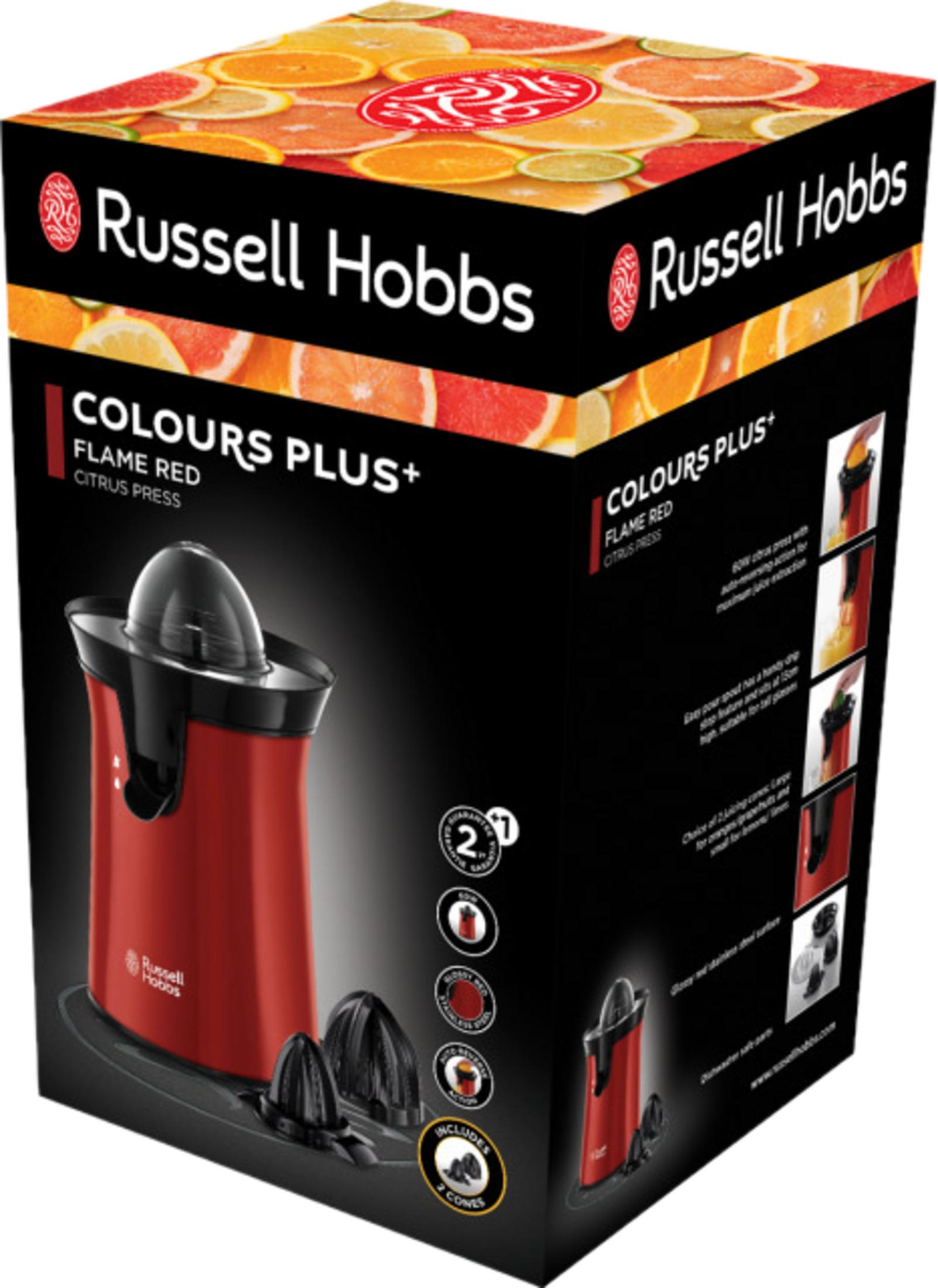 Rote Russell Hobbs Zitruspresse mit schwarzem Deckel und zwei Presskegeln.