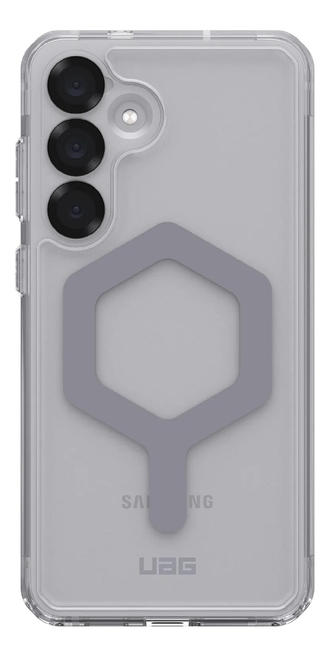 Transparente Hülle mit drei Kameralinsen und einem grauen Sechseck-Design.