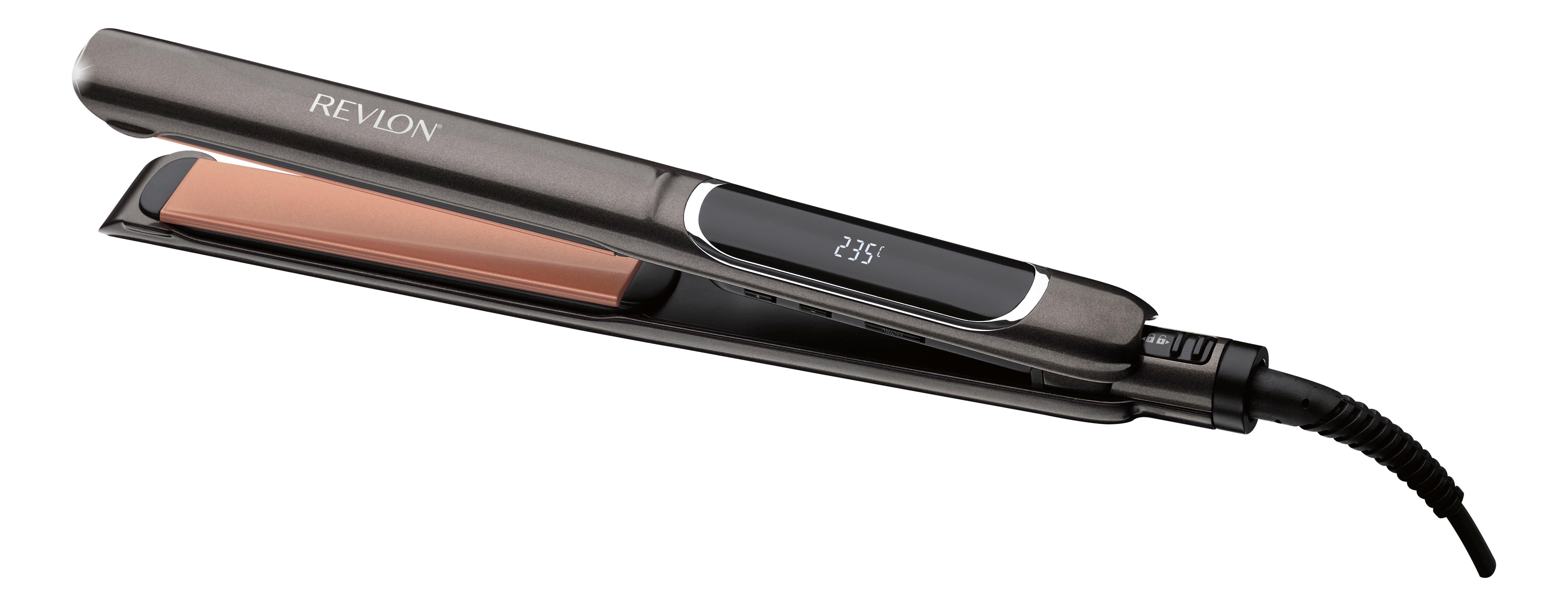 Szara prostownica Revlon z płytkami w kolorze różowego złota i cyfrowym wyświetlaczem.
