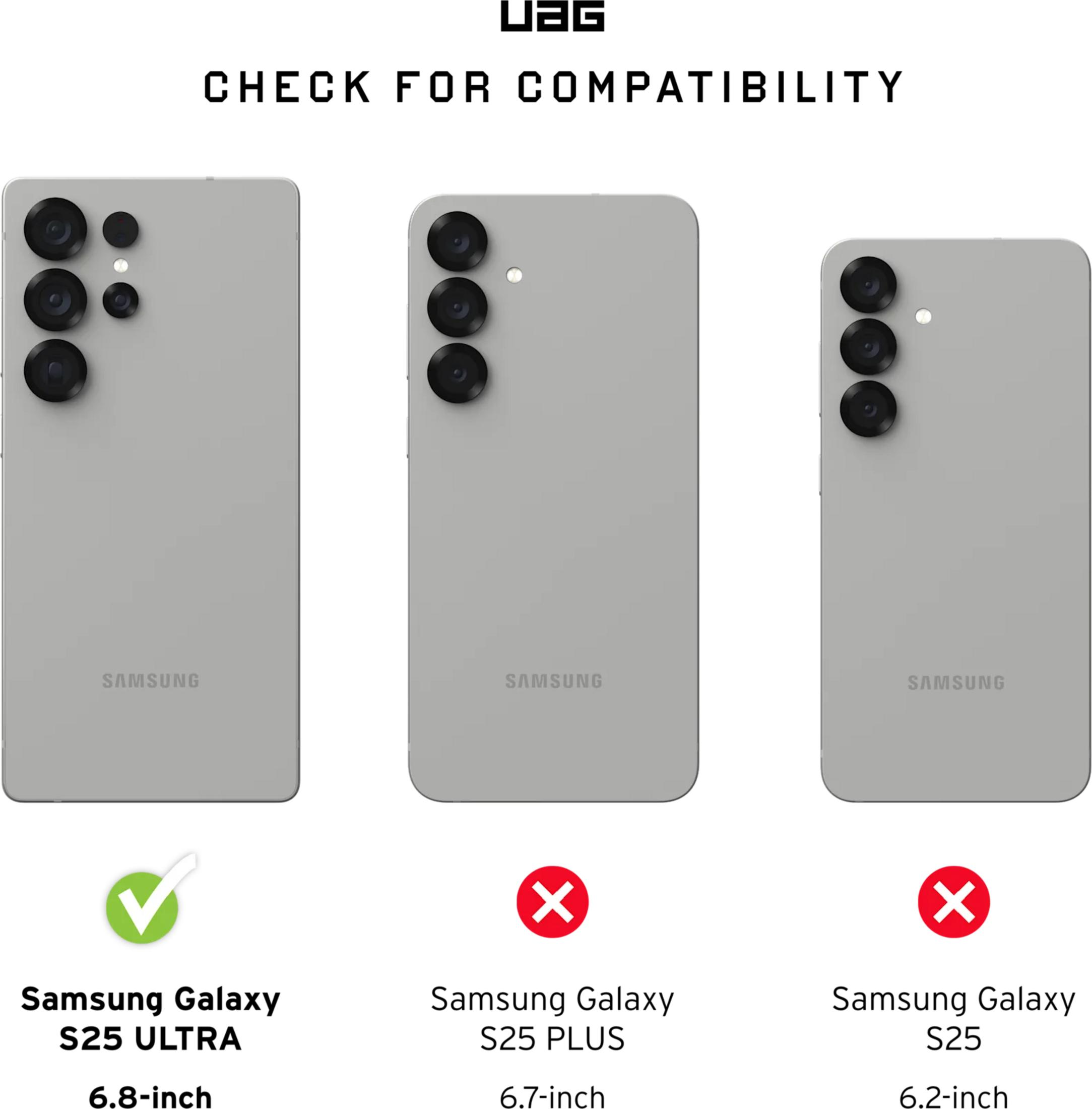Drei Samsung Galaxy Handys: ULTRA (6,8 Zoll), PLUS (6,7 Zoll) und S25 (6,2 Zoll).