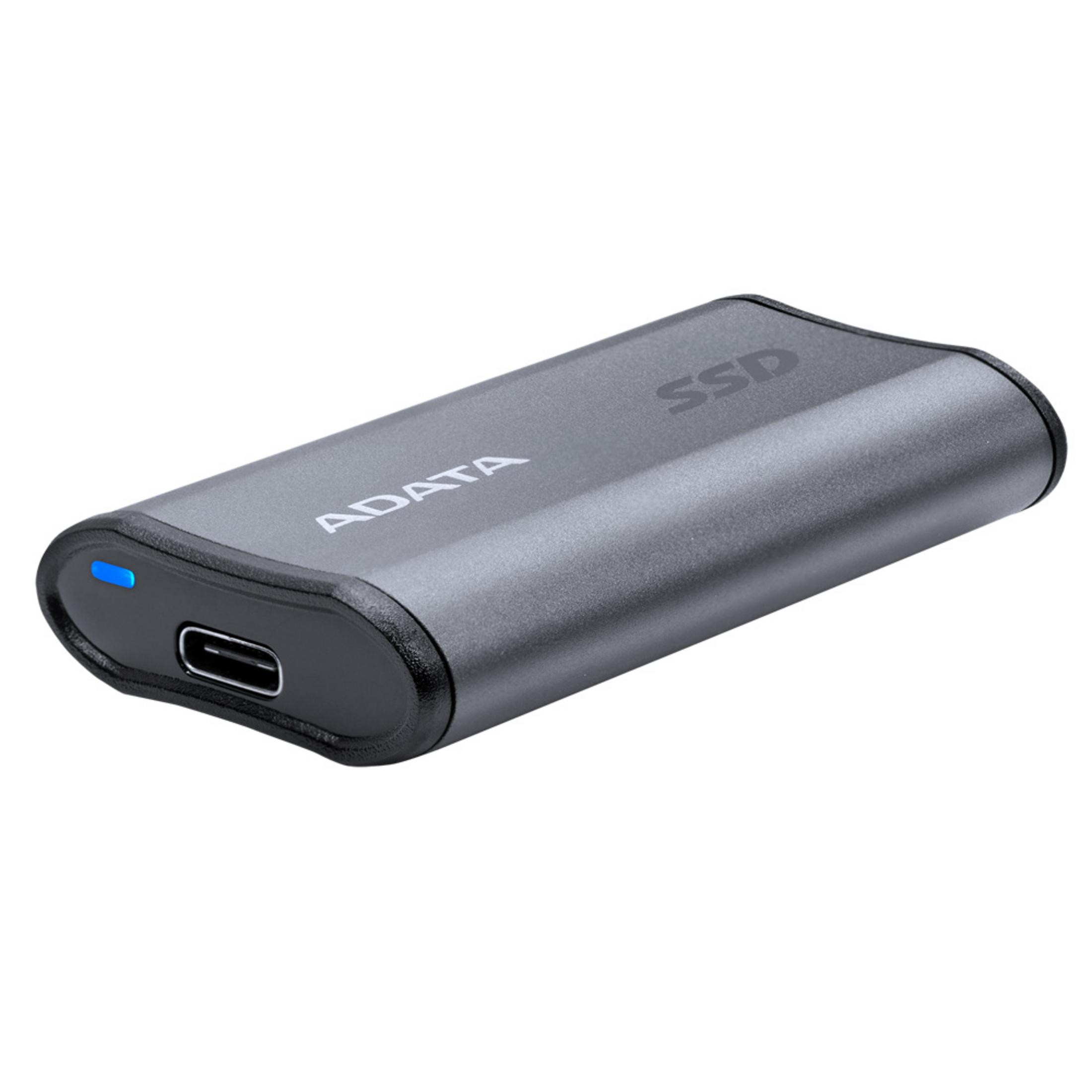 Szary dysk SSD ADATA z portem USB-C i niebieską diodą LED.