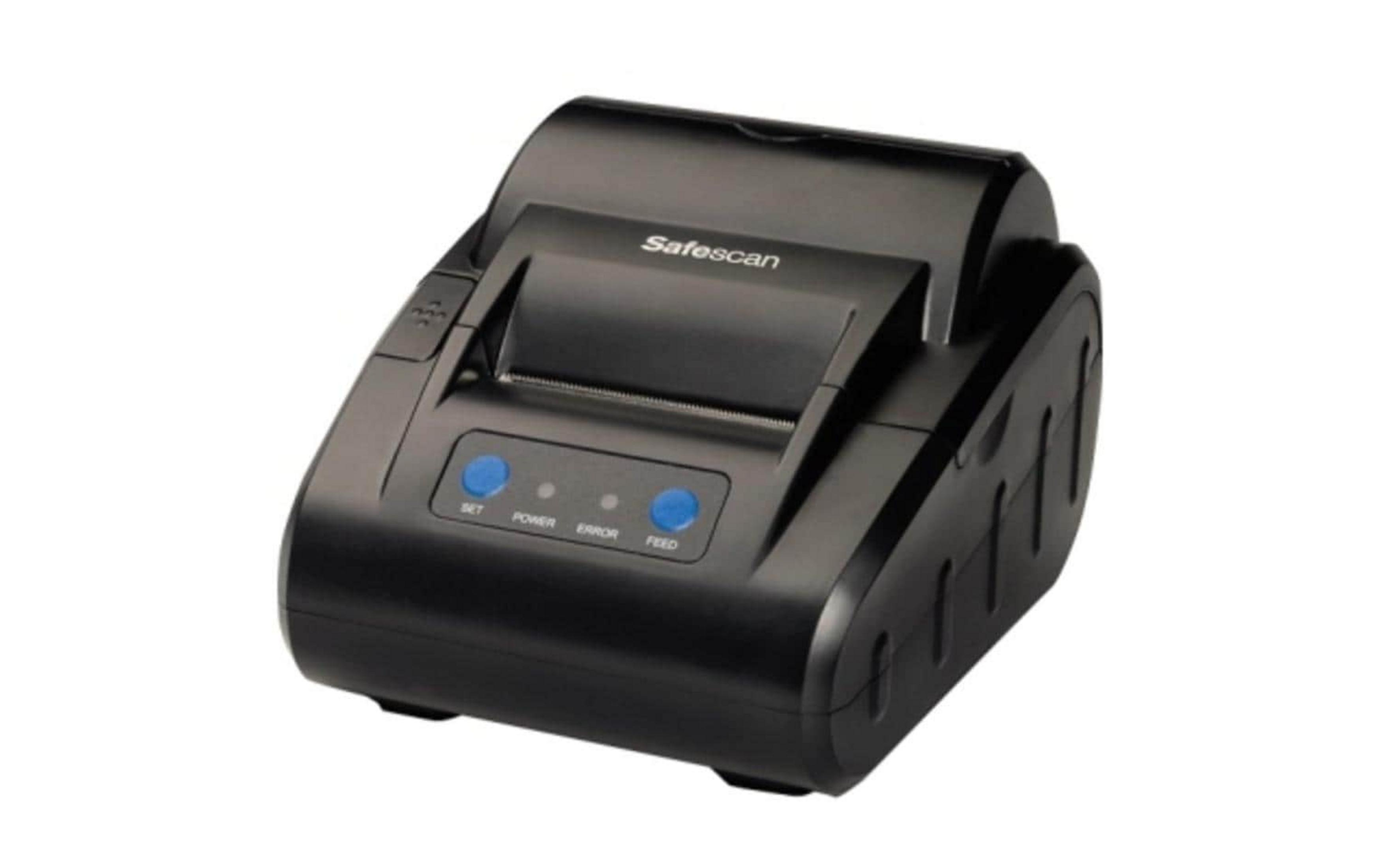 Stampante nera Safescan con pulsanti e spie blu.