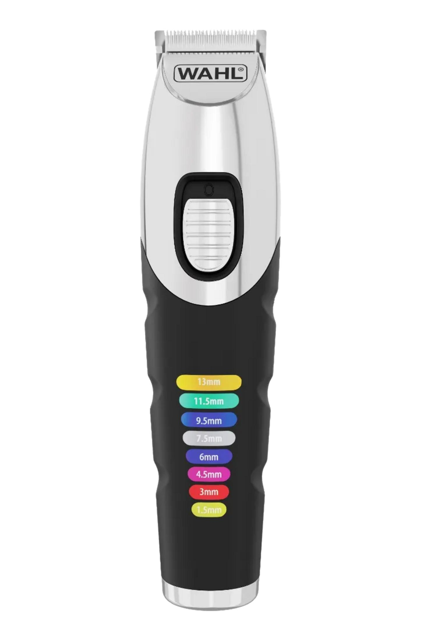 Srebrno-czarna maszynka do strzyżenia włosów z ustawieniami długości.