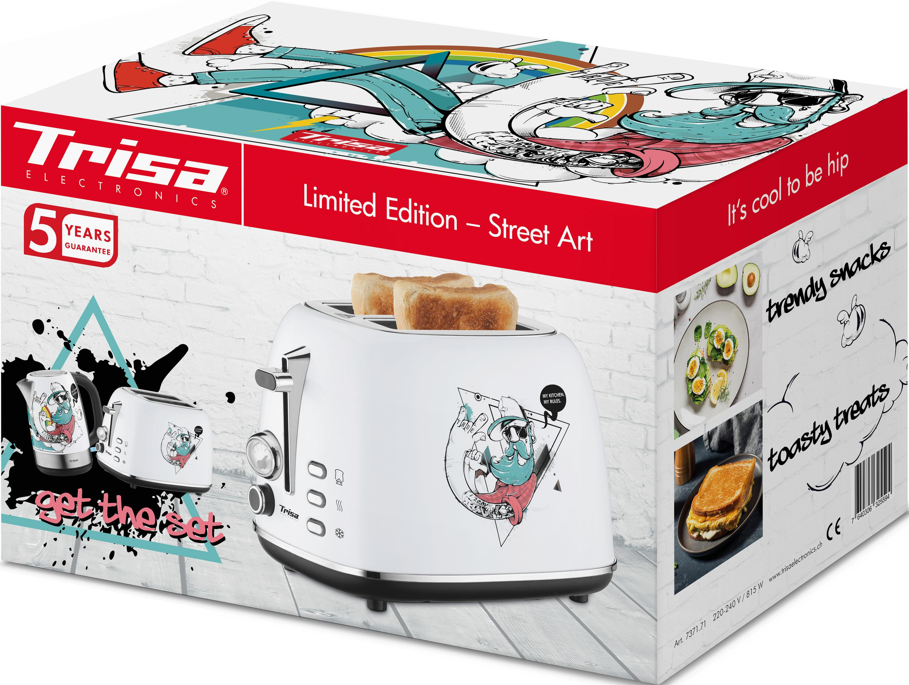 Emballage d'un grille-pain blanc avec design street art et garantie 5 ans.