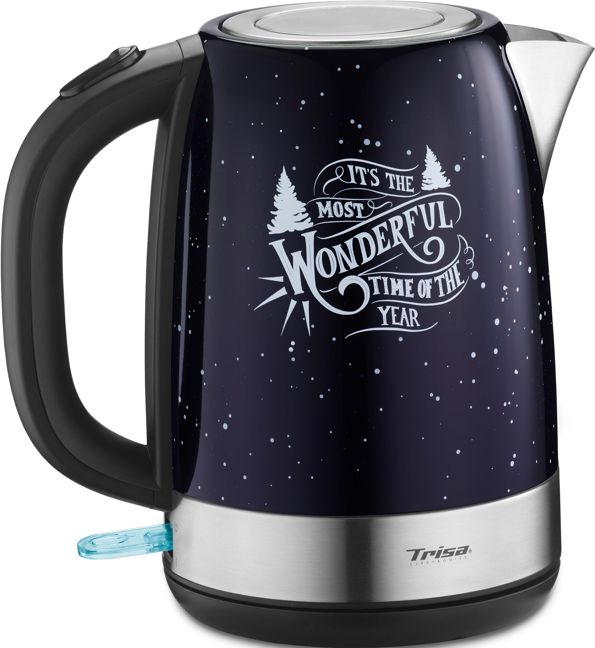 Dunkelblaue Wasserkocher mit Sternenmuster und Aufschrift 'It's the most wonderful time of the year'.