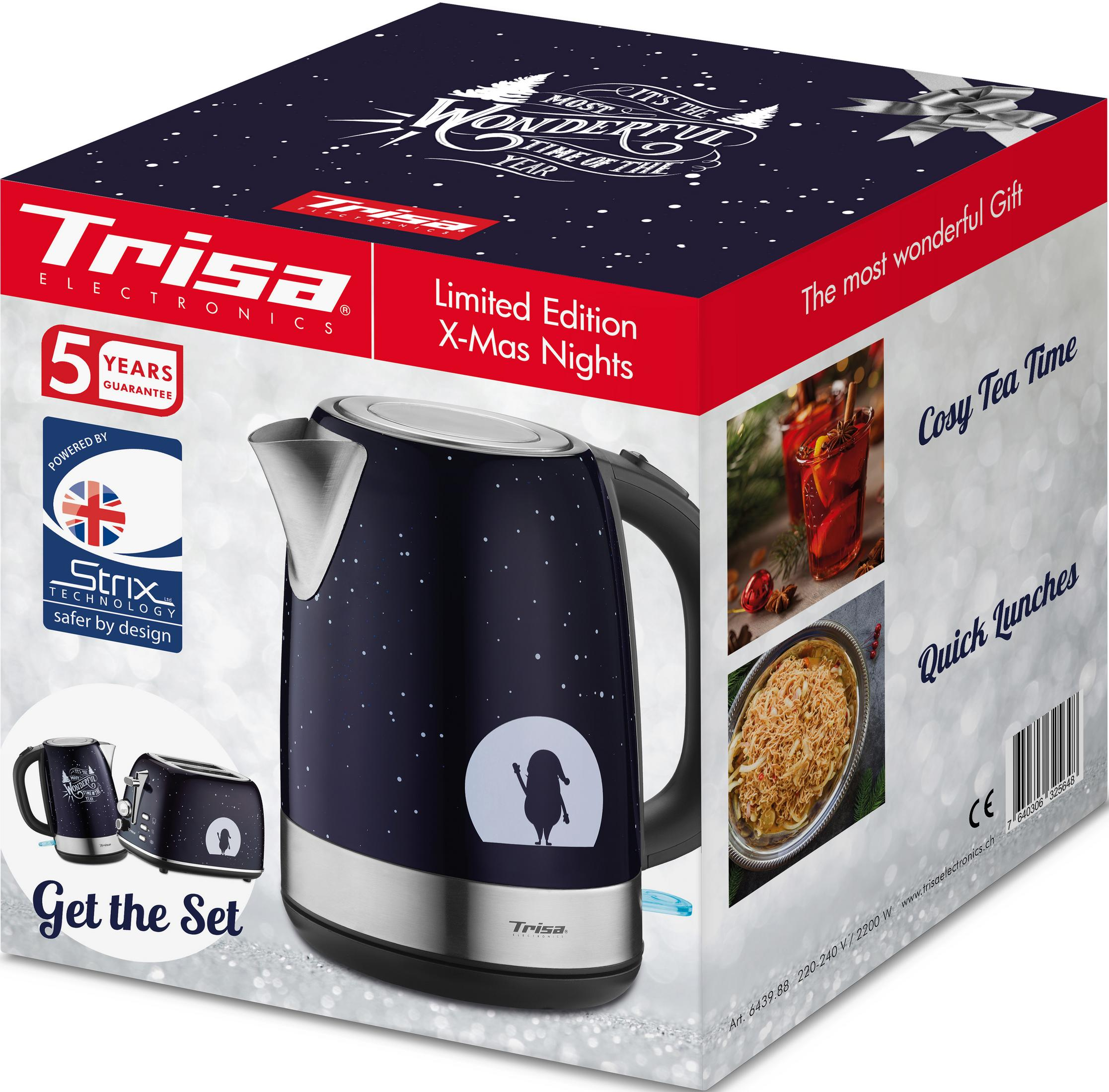 Trisa Elektro-Set: Wasserkocher und Toaster mit Weihnachtsmotiv.