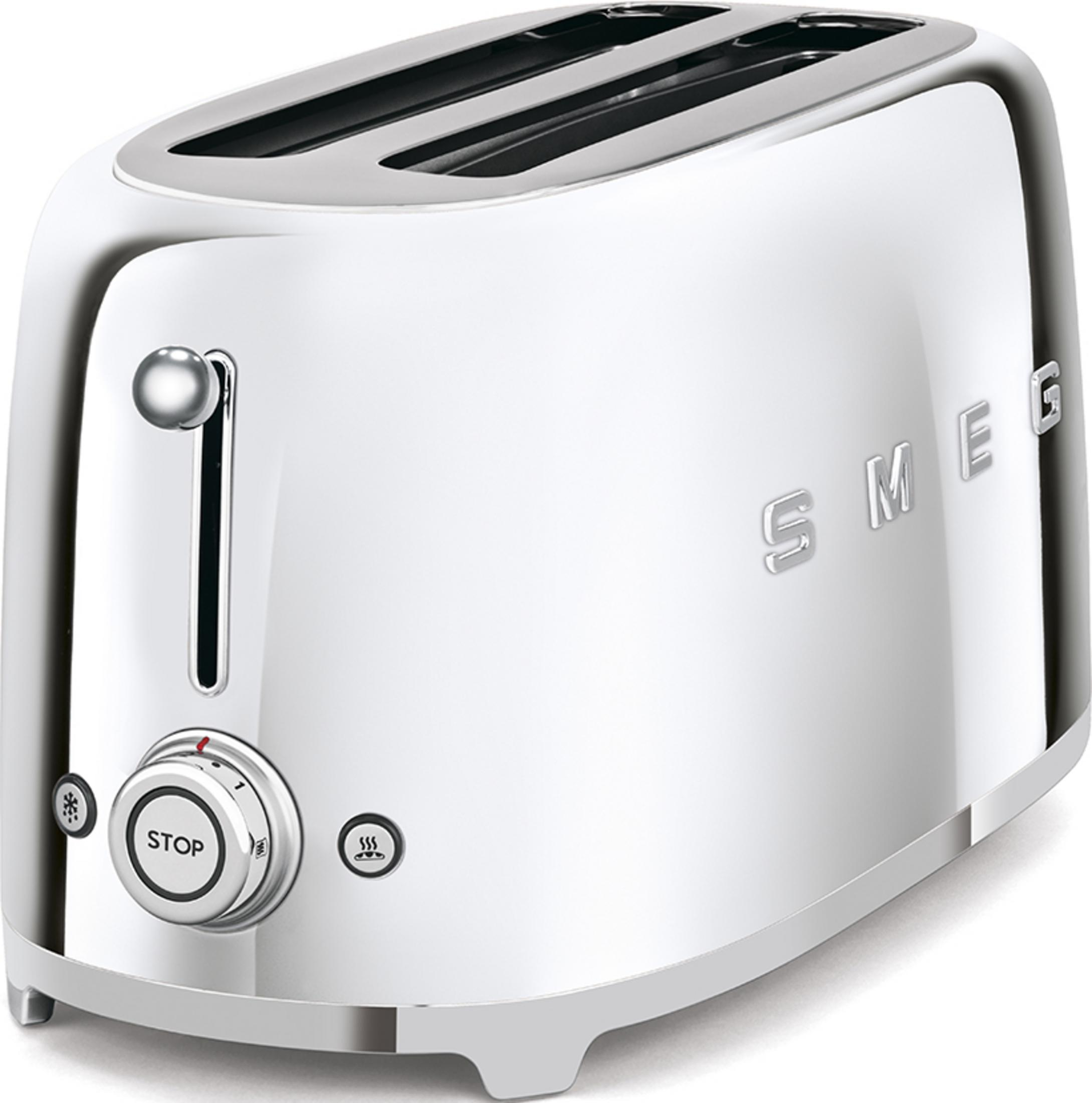 Ein glänzender silberner Toaster mit zwei Schlitzen und Bedienelementen.