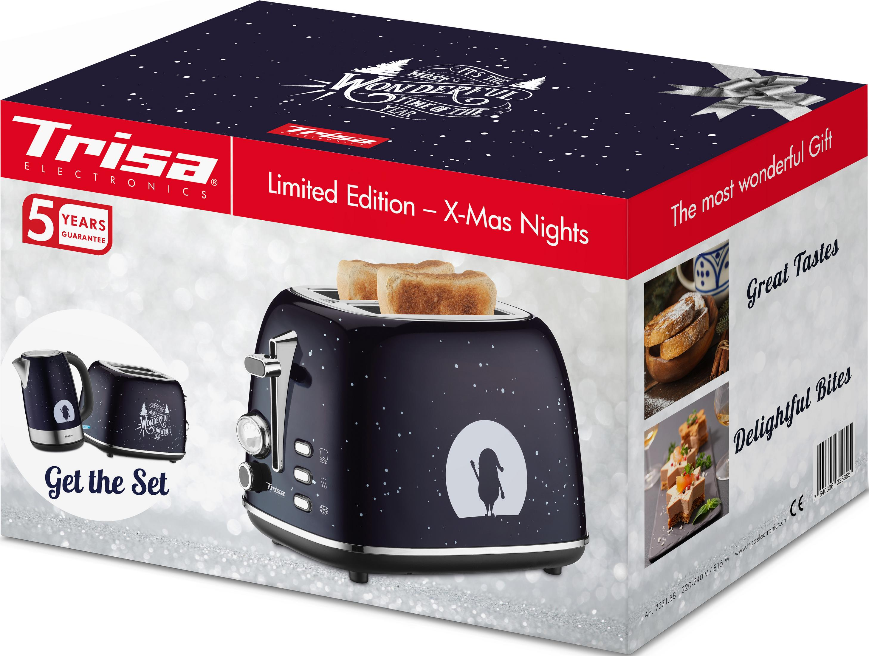 Trisa Toaster und Wasserkocher im Weihnachtsdessin auf Verpackung.