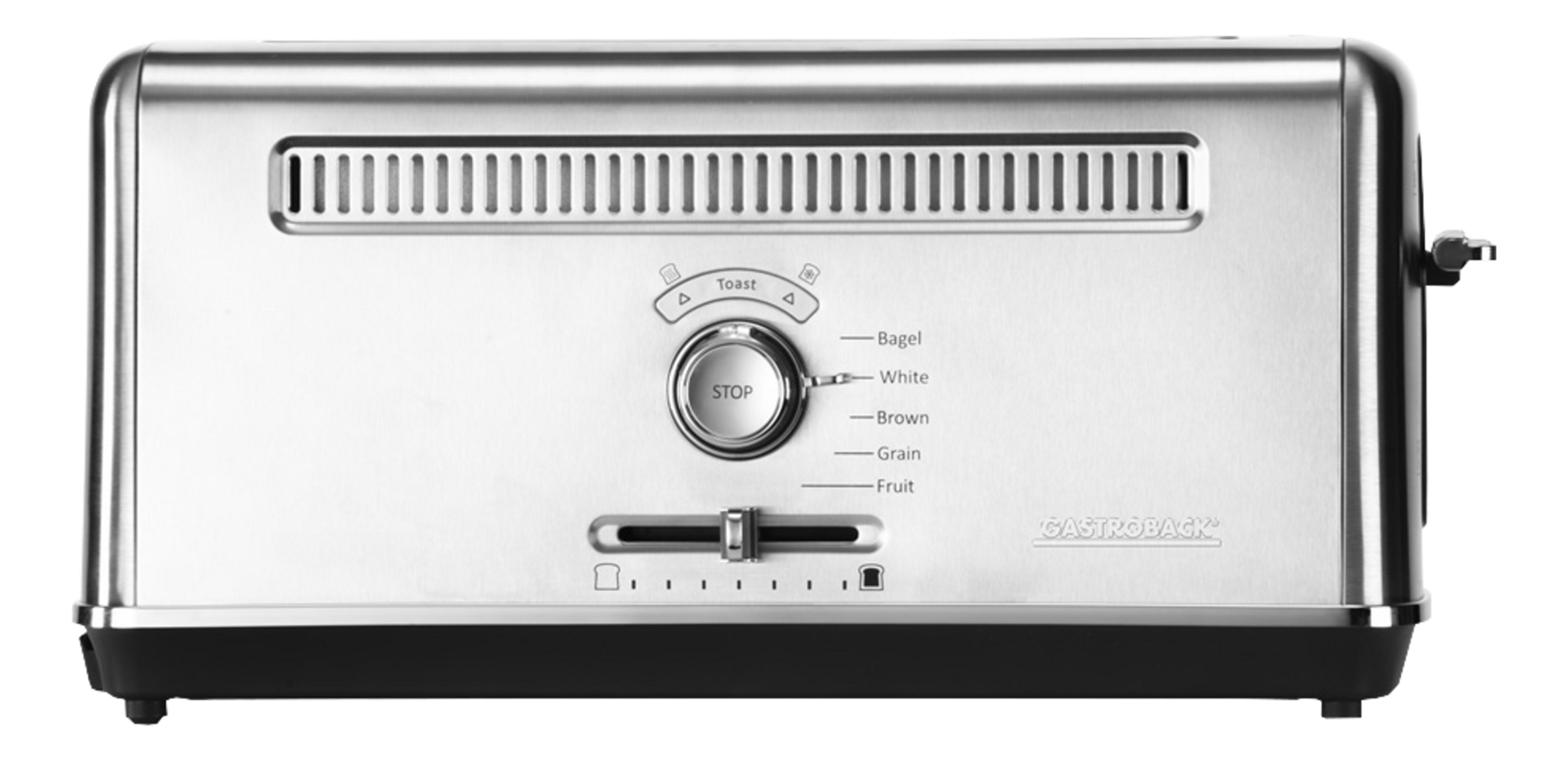 Srebrny toster z pokrętłami sterującymi i przyciskiem stop.