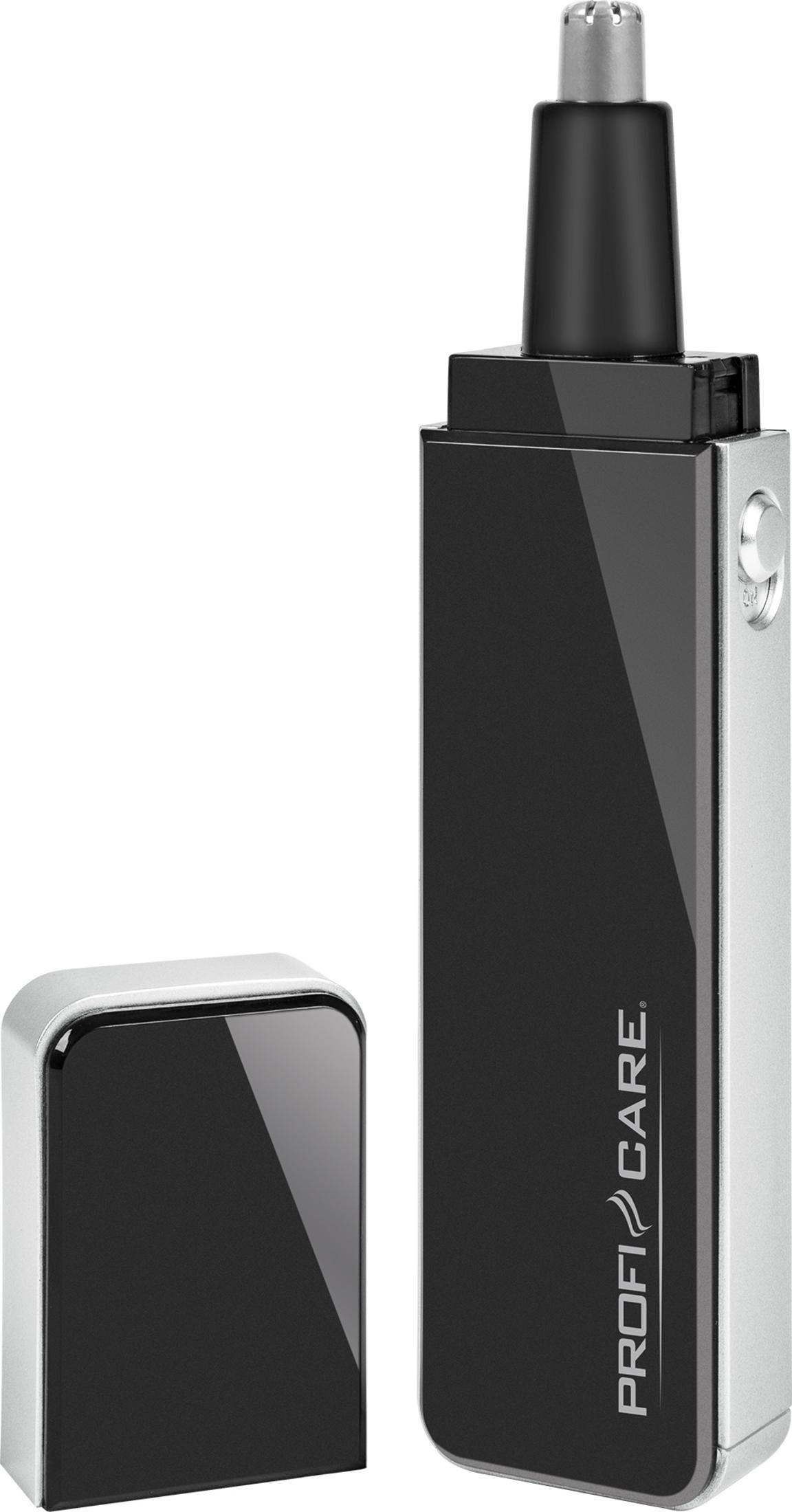 Czarny trymer do nosa ze srebrnym detalem i zdjętym wieczkiem.