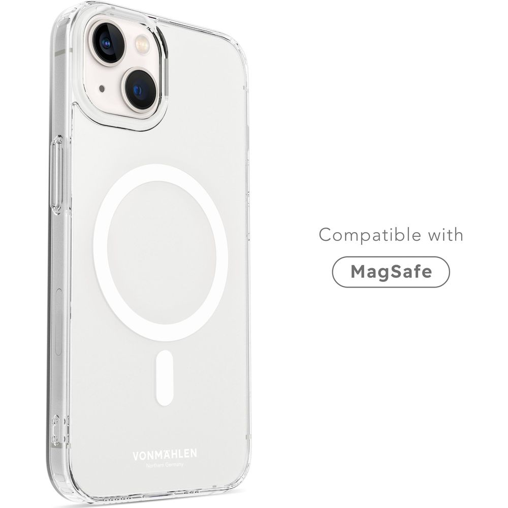 Transparente Hülle für iPhone mit MagSafe-Kompatibilität. Vornamenslogo unten.