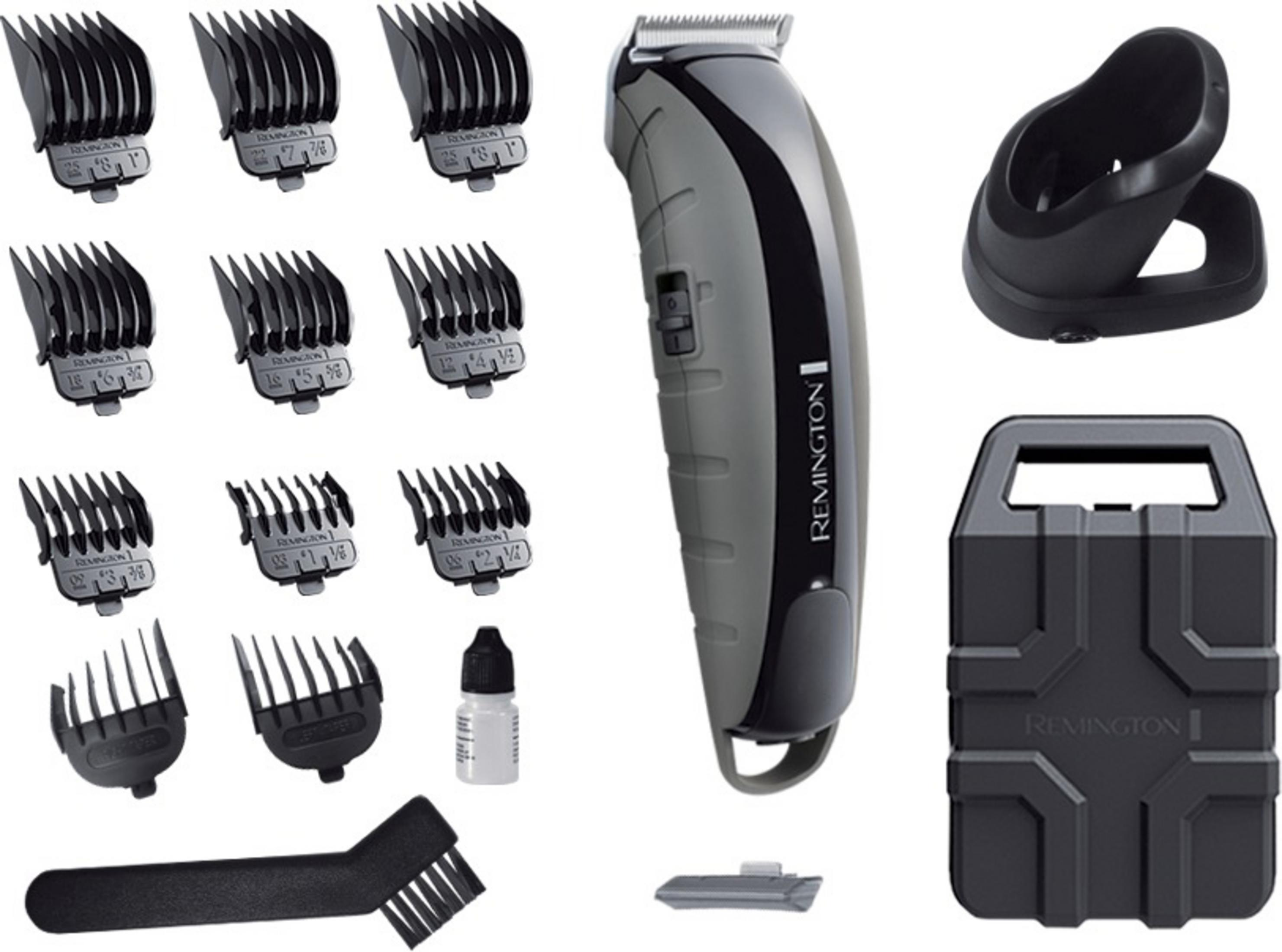 Un set de cortapelos Remington con accesorios, cable de carga, cepillo y aceite.