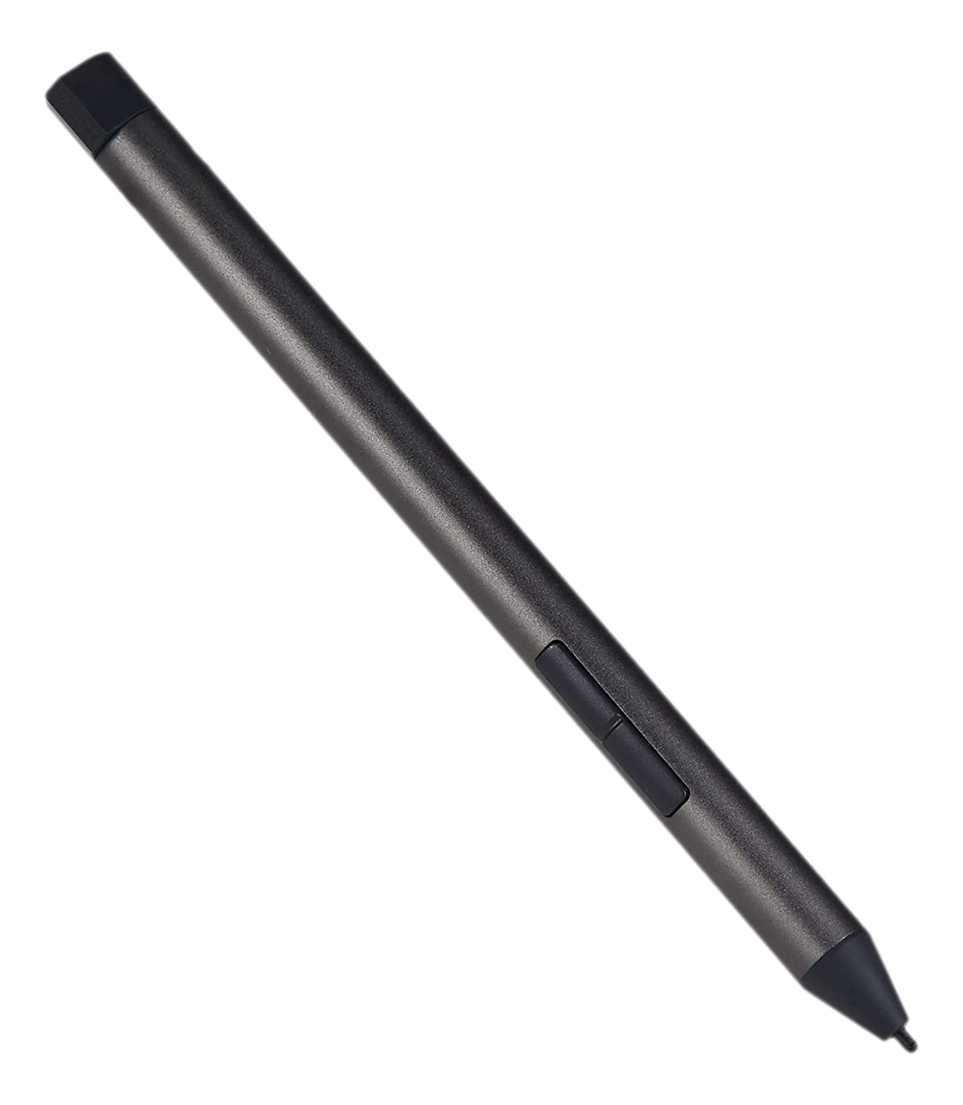 Ein dunkler, schlanker Stylus-Stift mit schwarzen Akzenten auf weißem Hintergrund.
