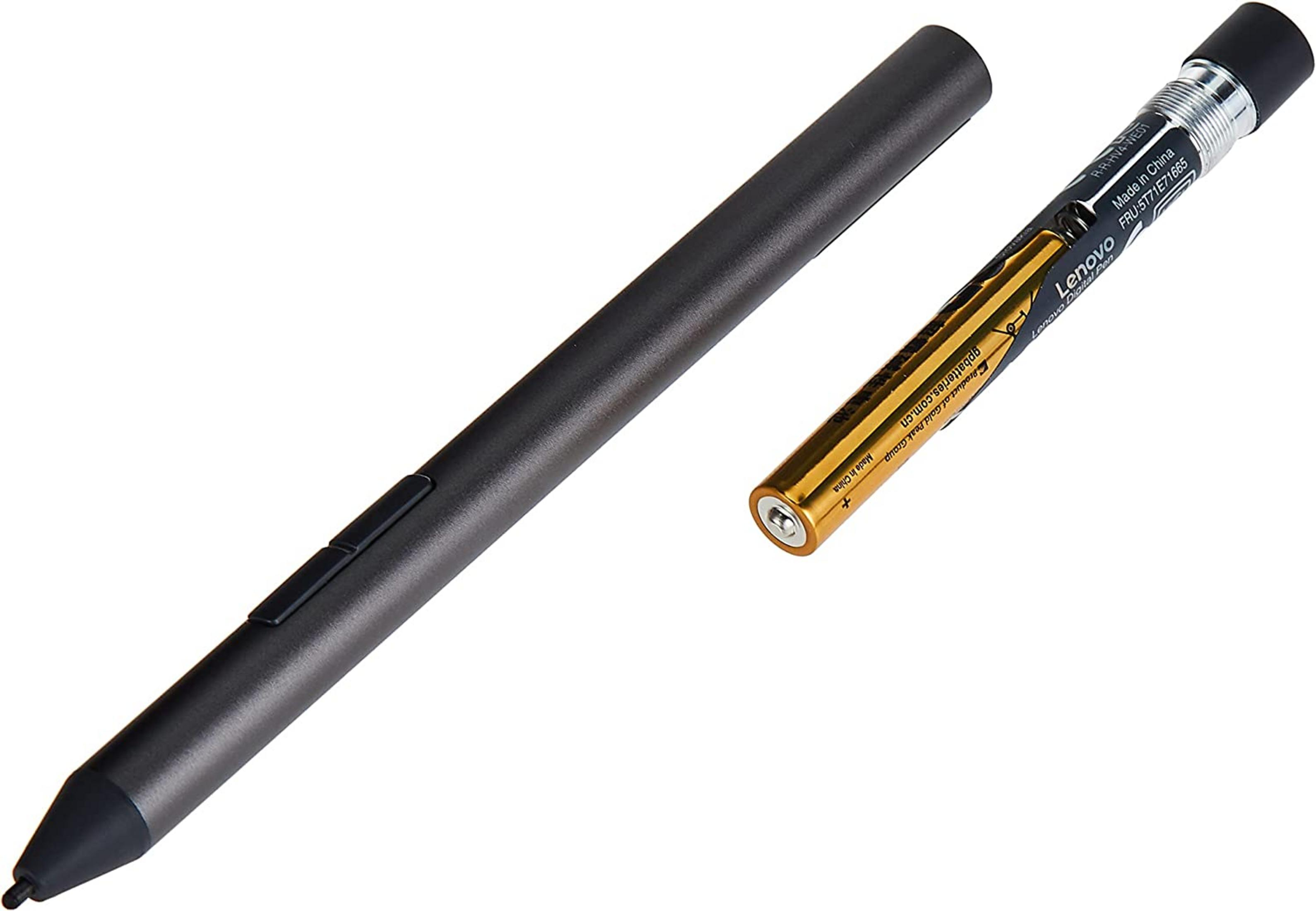 Ein dunkler Stift liegt neben einer goldenen Batterie mit Lenovo-Aufschrift.