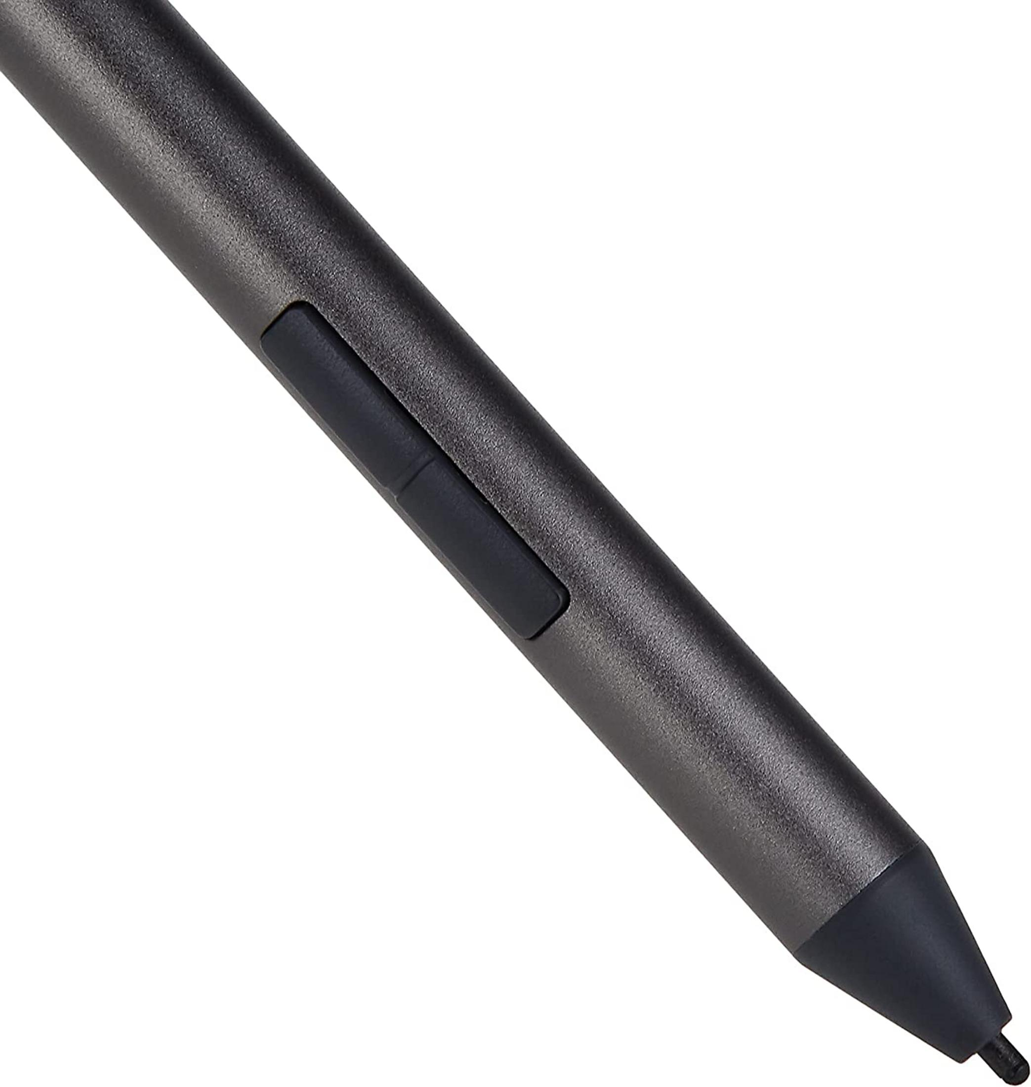 Ein grauer Eingabestift mit einem dunklen Knopf auf weißem Hintergrund.