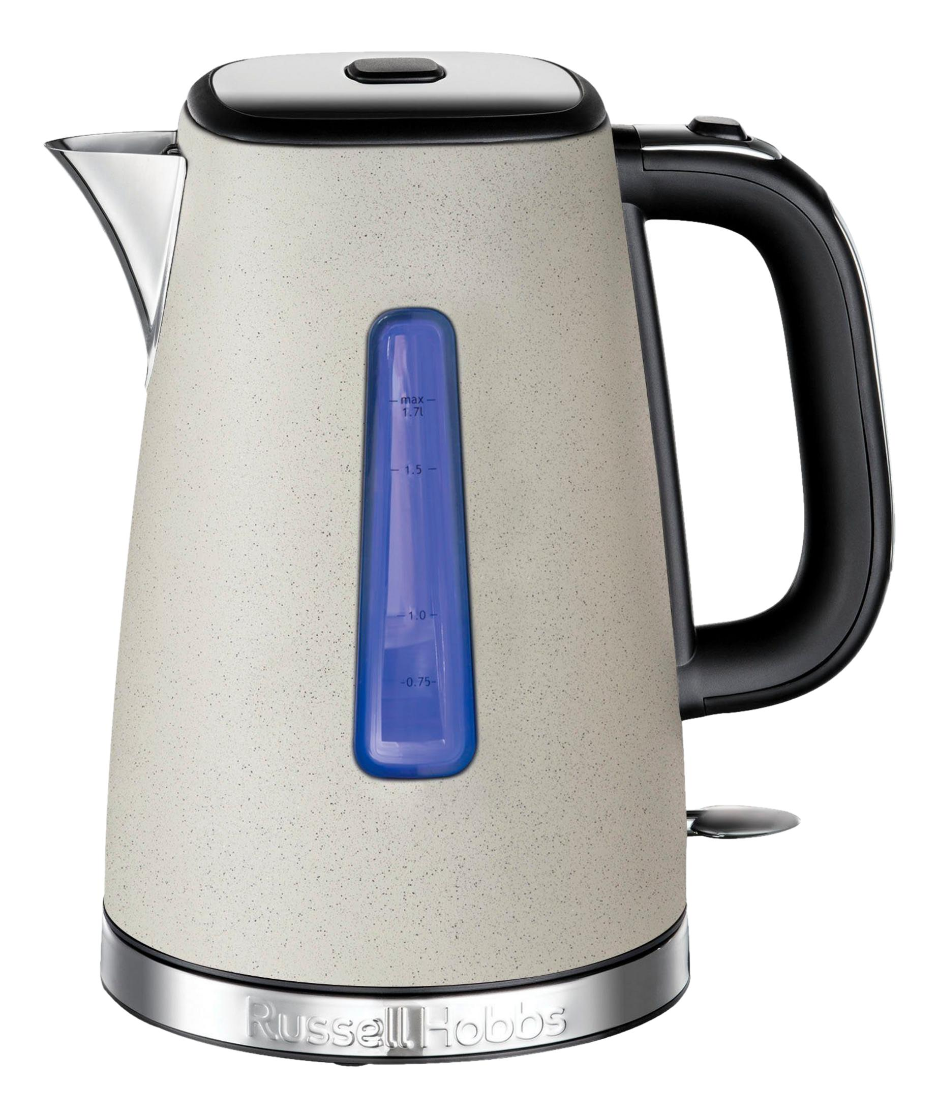 Beżowy czajnik z czarnym uchwytem i wskaźnikiem poziomu wody.