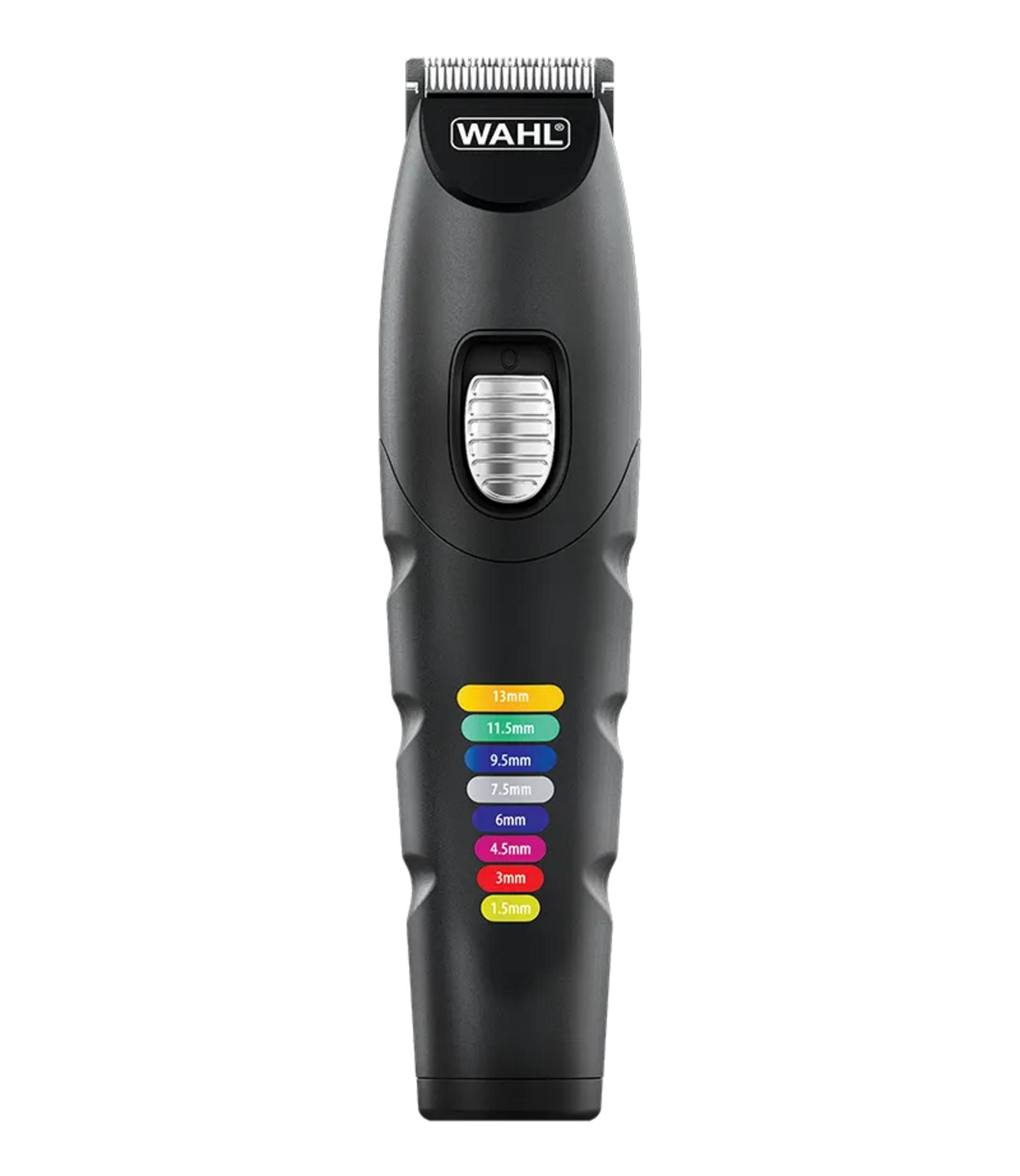 Czarna maszynka do strzyżenia Wahl ze srebrnym przełącznikiem i kolorowymi wskaźnikami długości.
