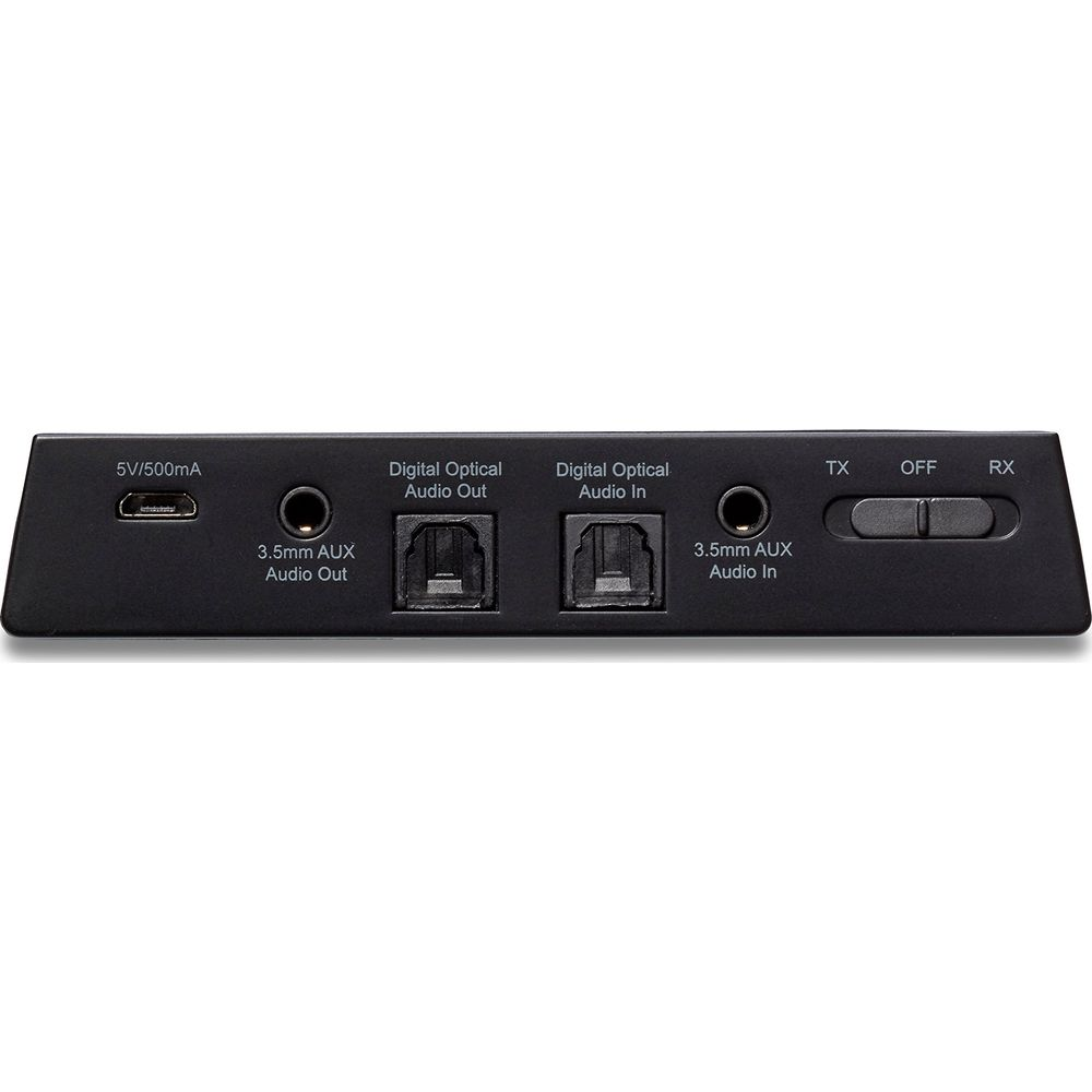 Black audio device with ports: USB-C, 3.5mm AUX, Digital Optical In/Out, and switch.