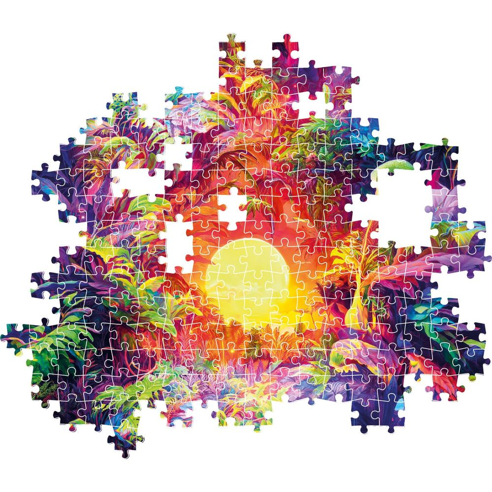 Bunte Puzzle-Teile bilden einen Sonnenuntergang mit Palmen und tropischen Pflanzen.