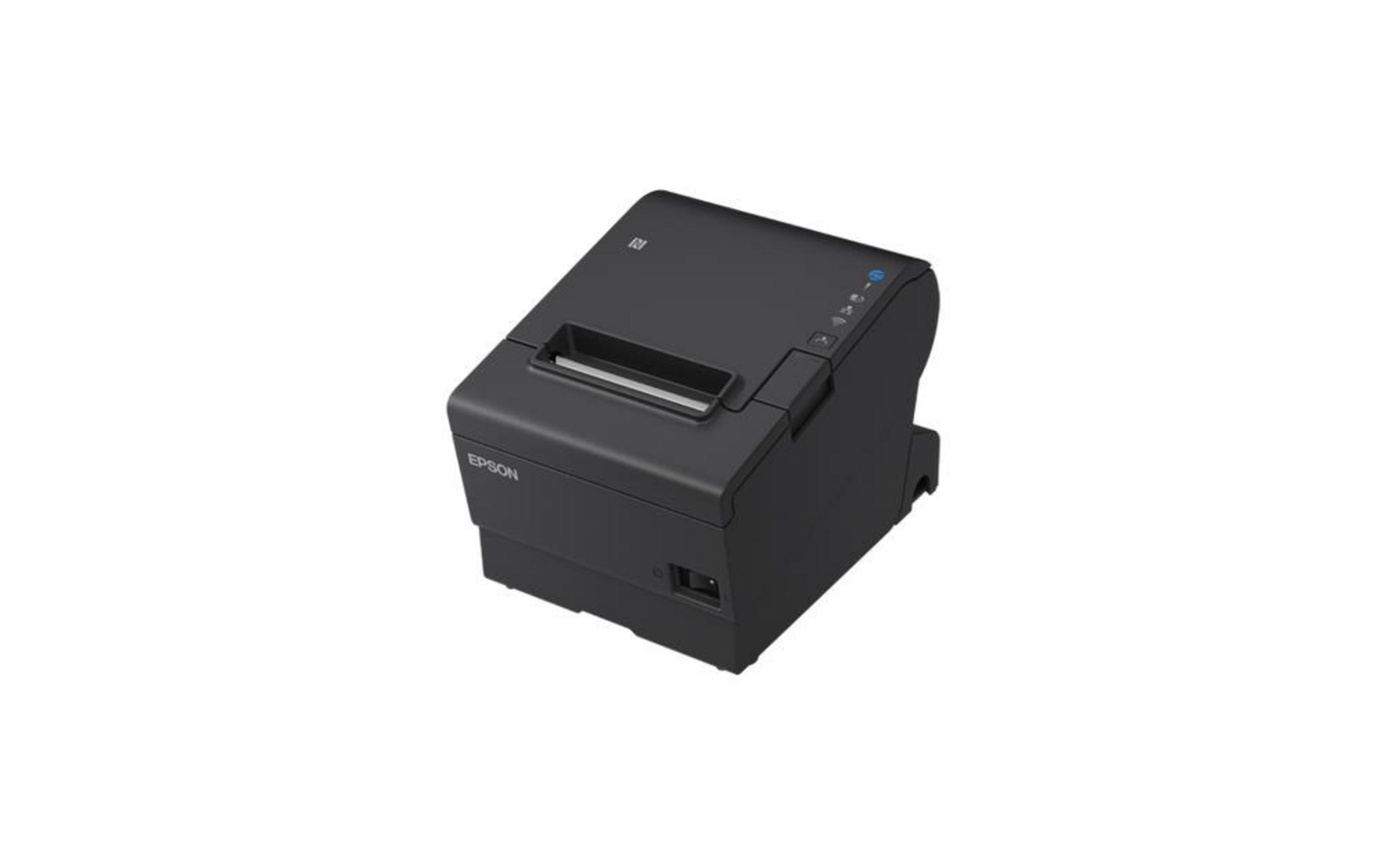 Schwarzer Epson-Belegdrucker mit Papierschlitz und Bedienelementen.