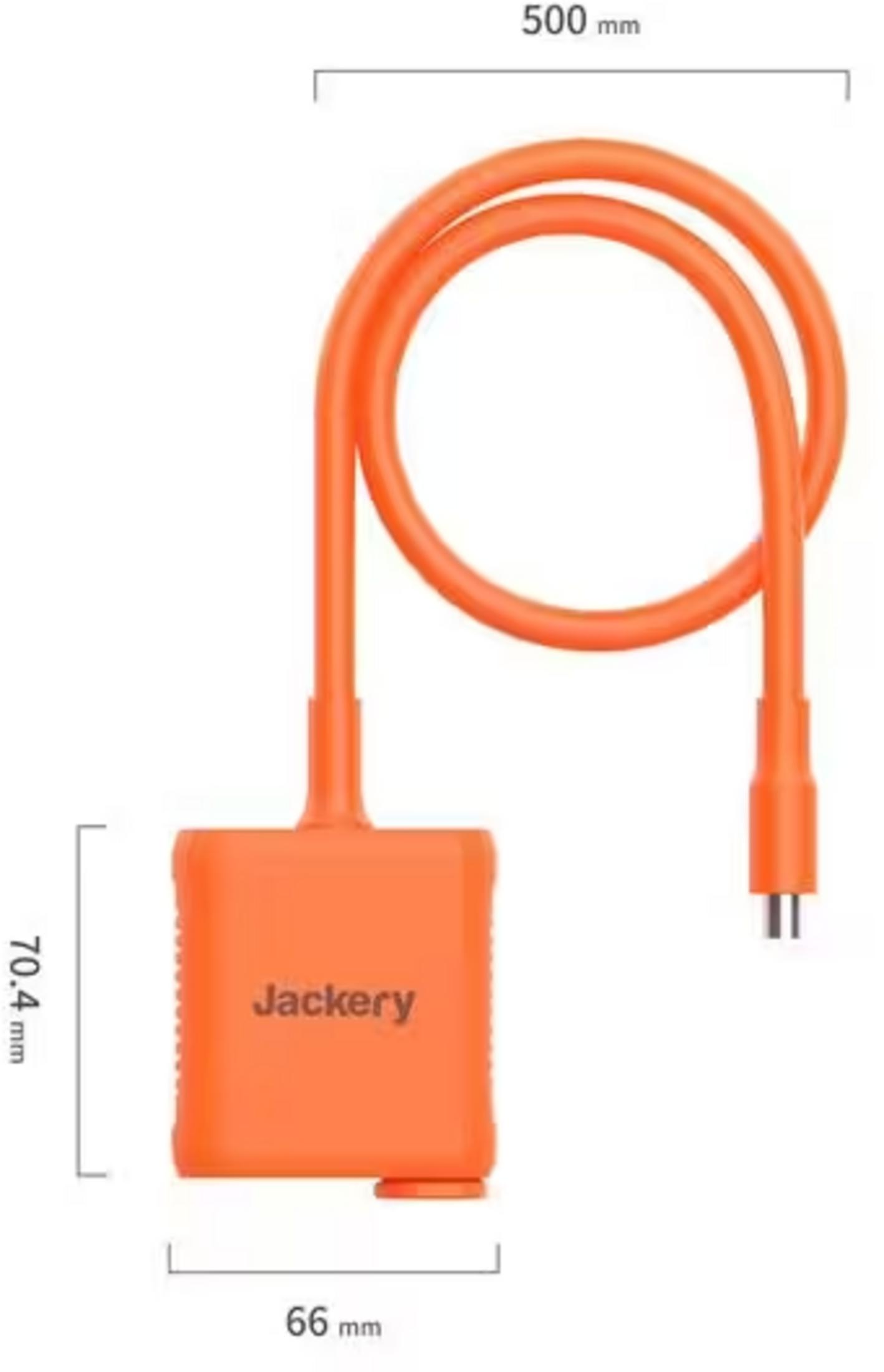 Oranje Jackery kabel met stekker en afmetingen.