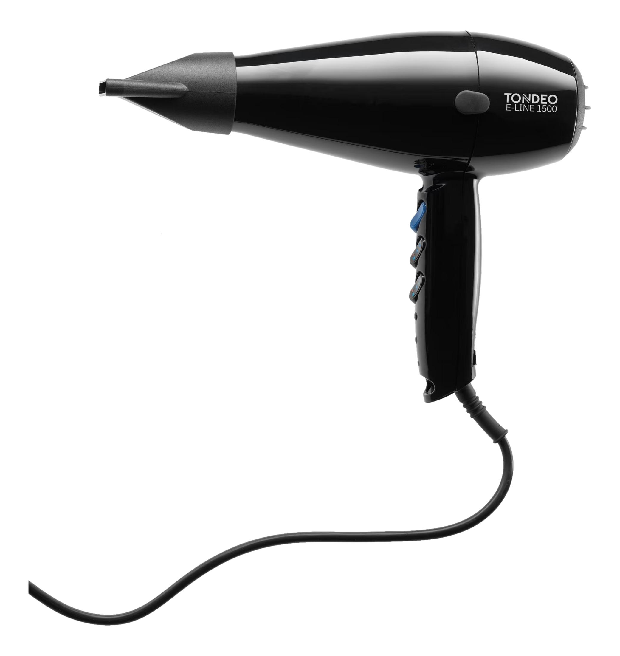 Czarna suszarka do włosów ze srebrnymi akcentami i kablem.