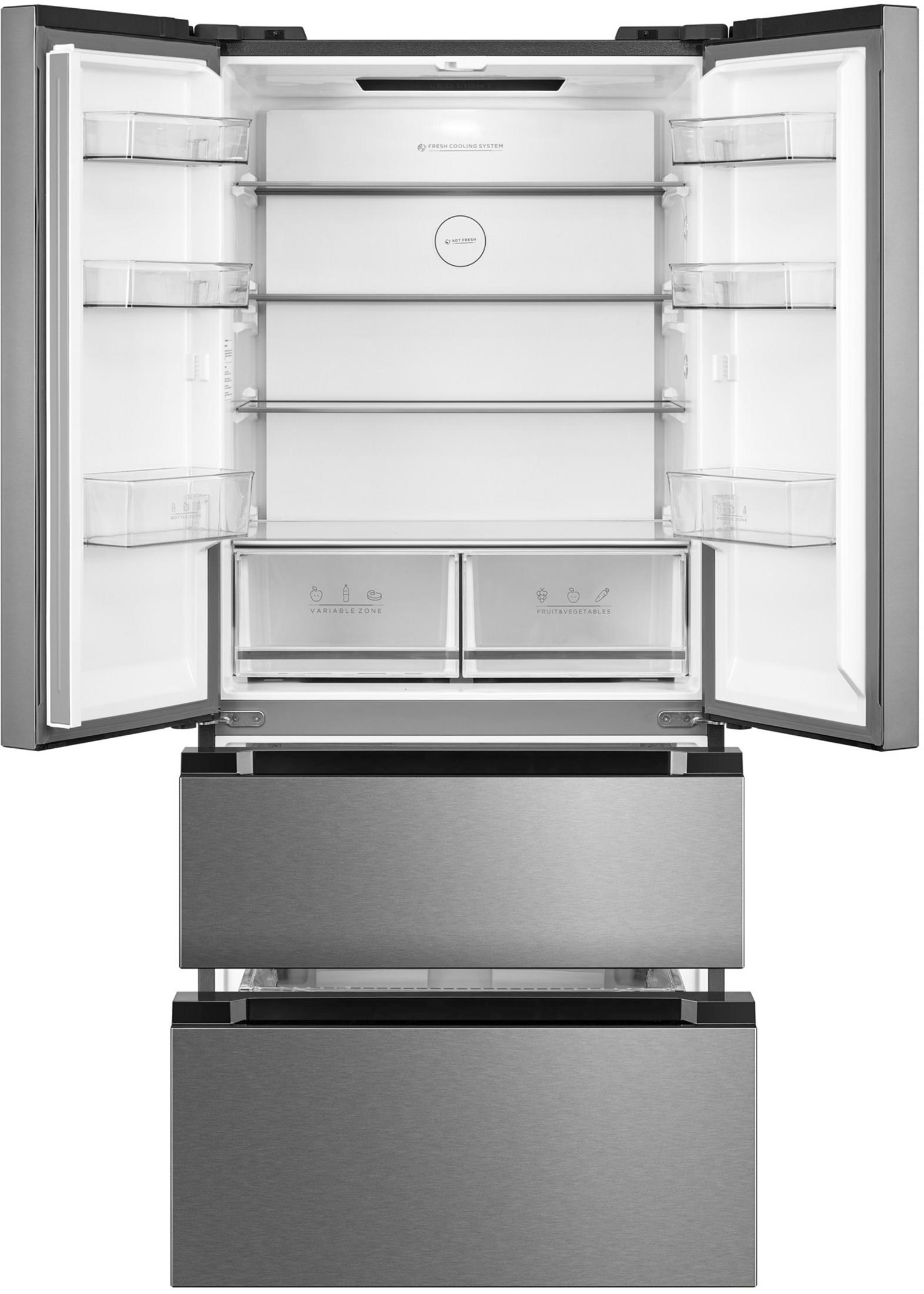 Ein offener, leerer Kühlschrank mit Edelstahloberflächen und Glasböden.
