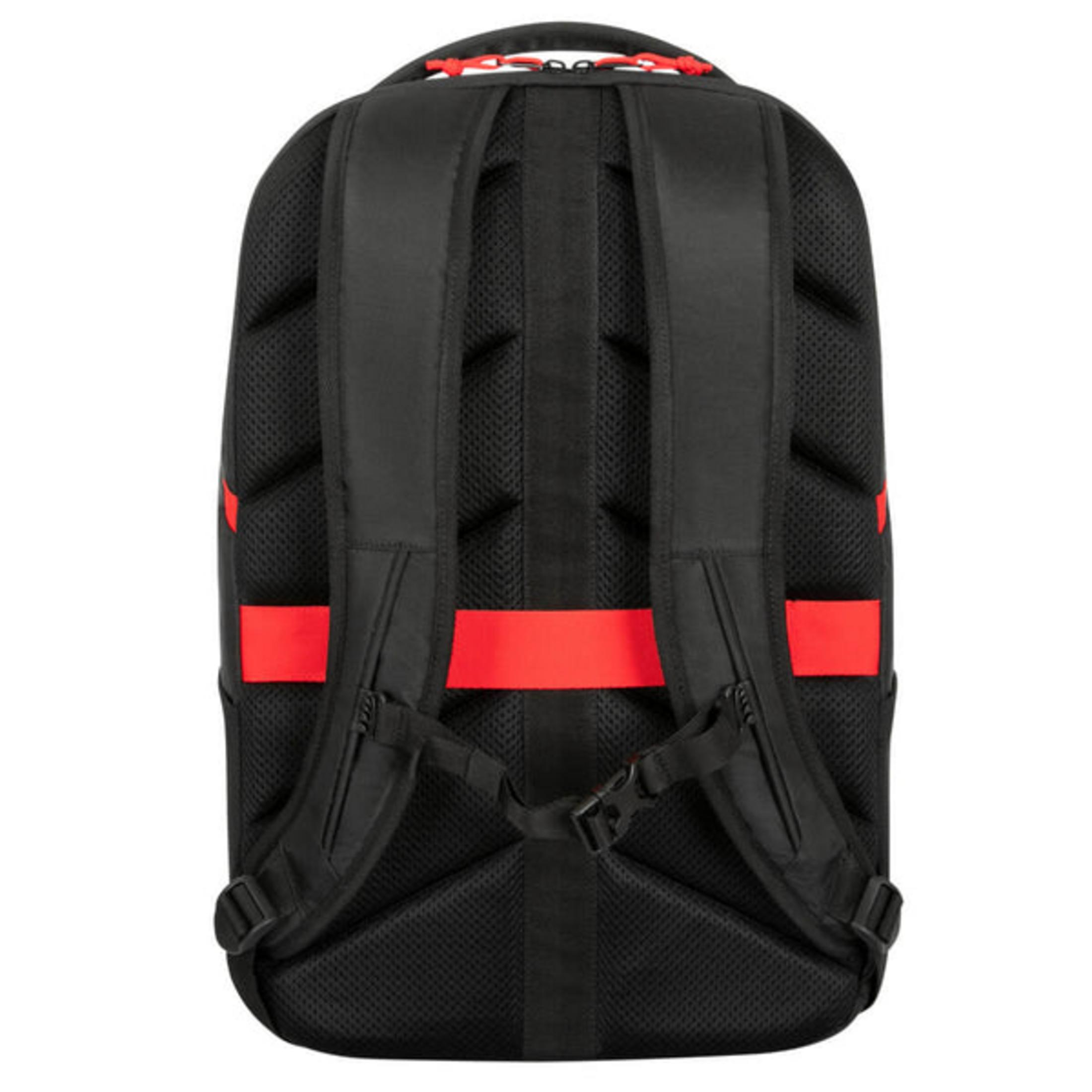 Rucksackrückseite mit schwarzen Trägern und roten Akzenten.