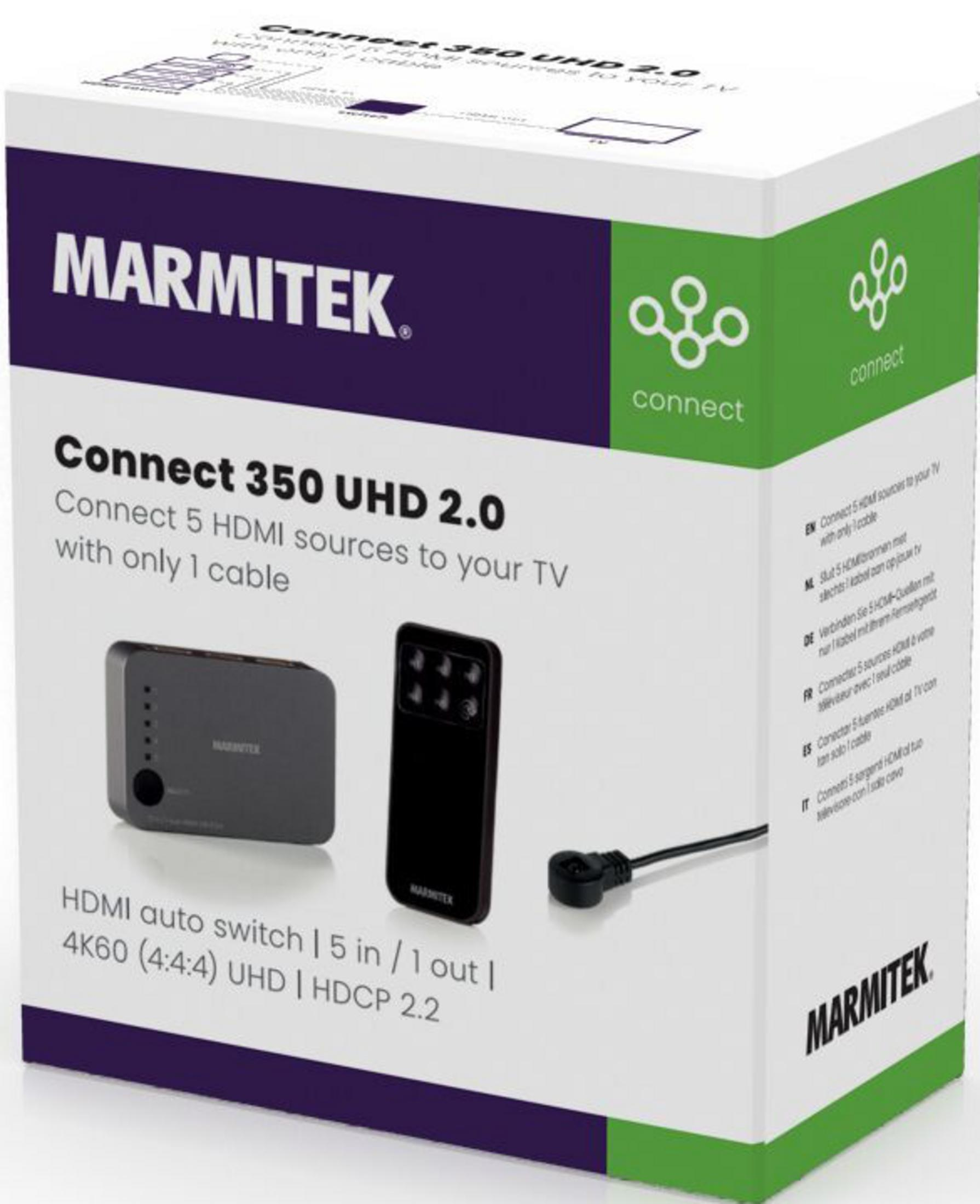 Marmitek Connect 350 UHD 2.0 Box mit HDMI-Switch, Fernbedienung und Kabel.