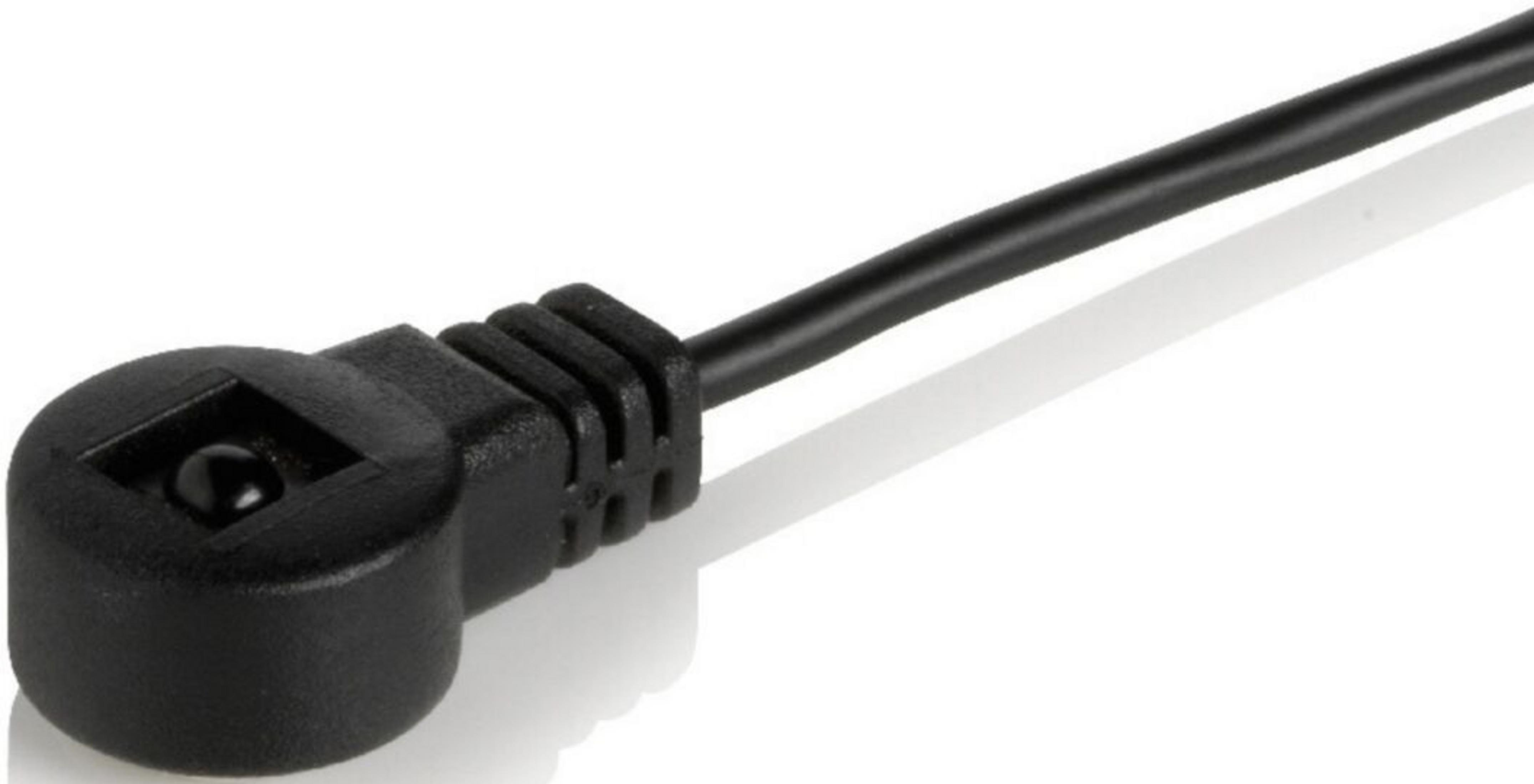 Ein schwarzes Kabel mit einem Stecker und einem kleinen, runden Stift.
