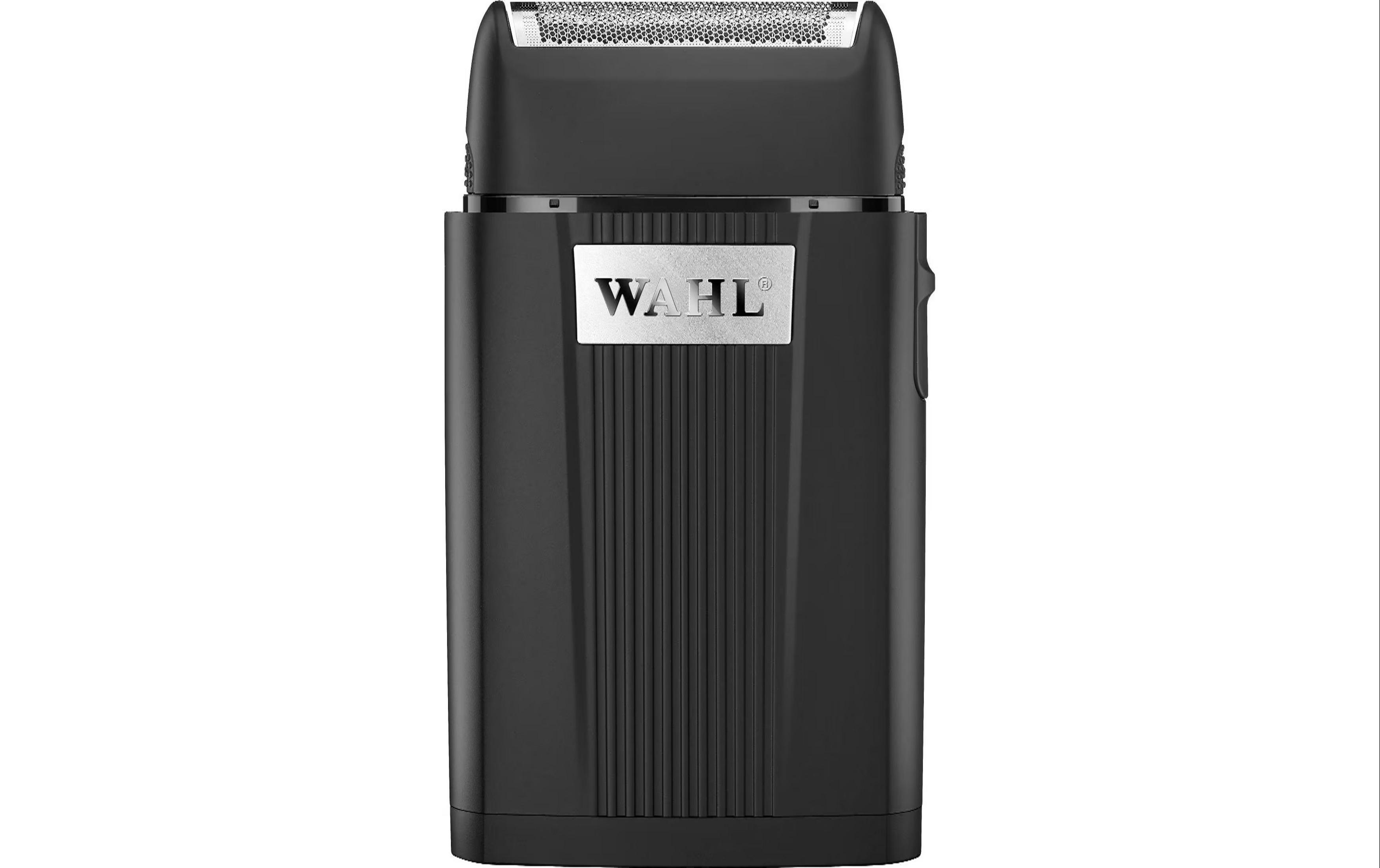 Czarna golarka WAHL z prążkowaną fakturą i srebrnym logo.